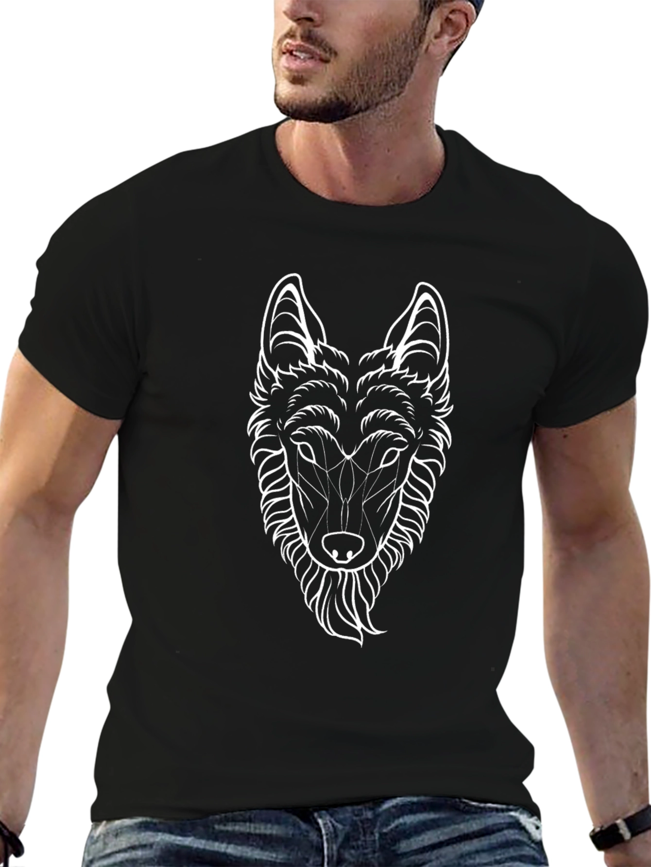 Geometric Wolf Graphic Black T-Shirt