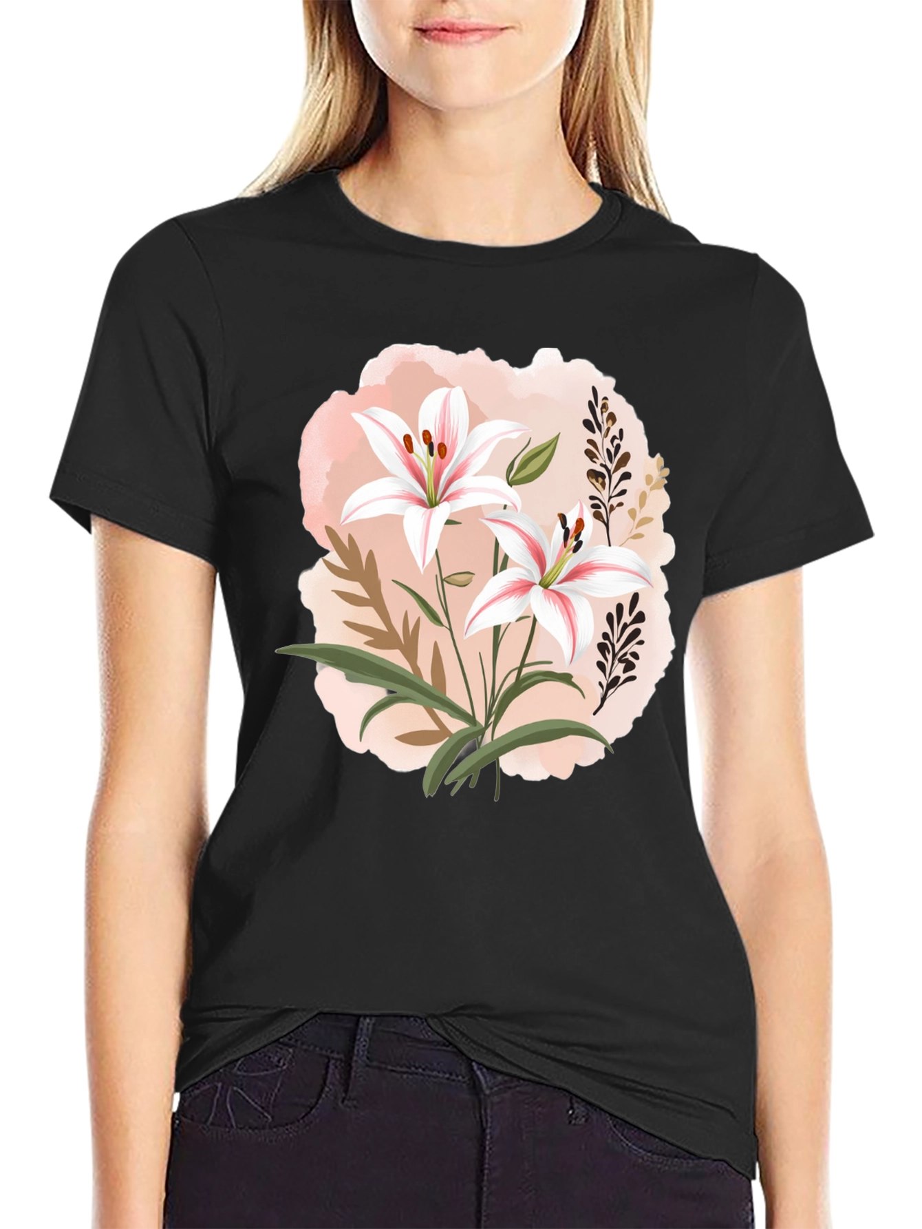 Floral Lily Graphic Black T-Shirt