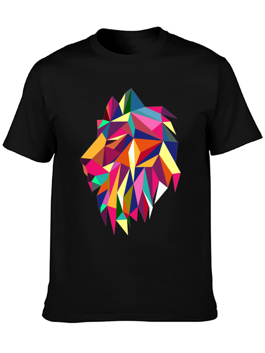 Geometric Lion Graphic Print Black T-Shirt