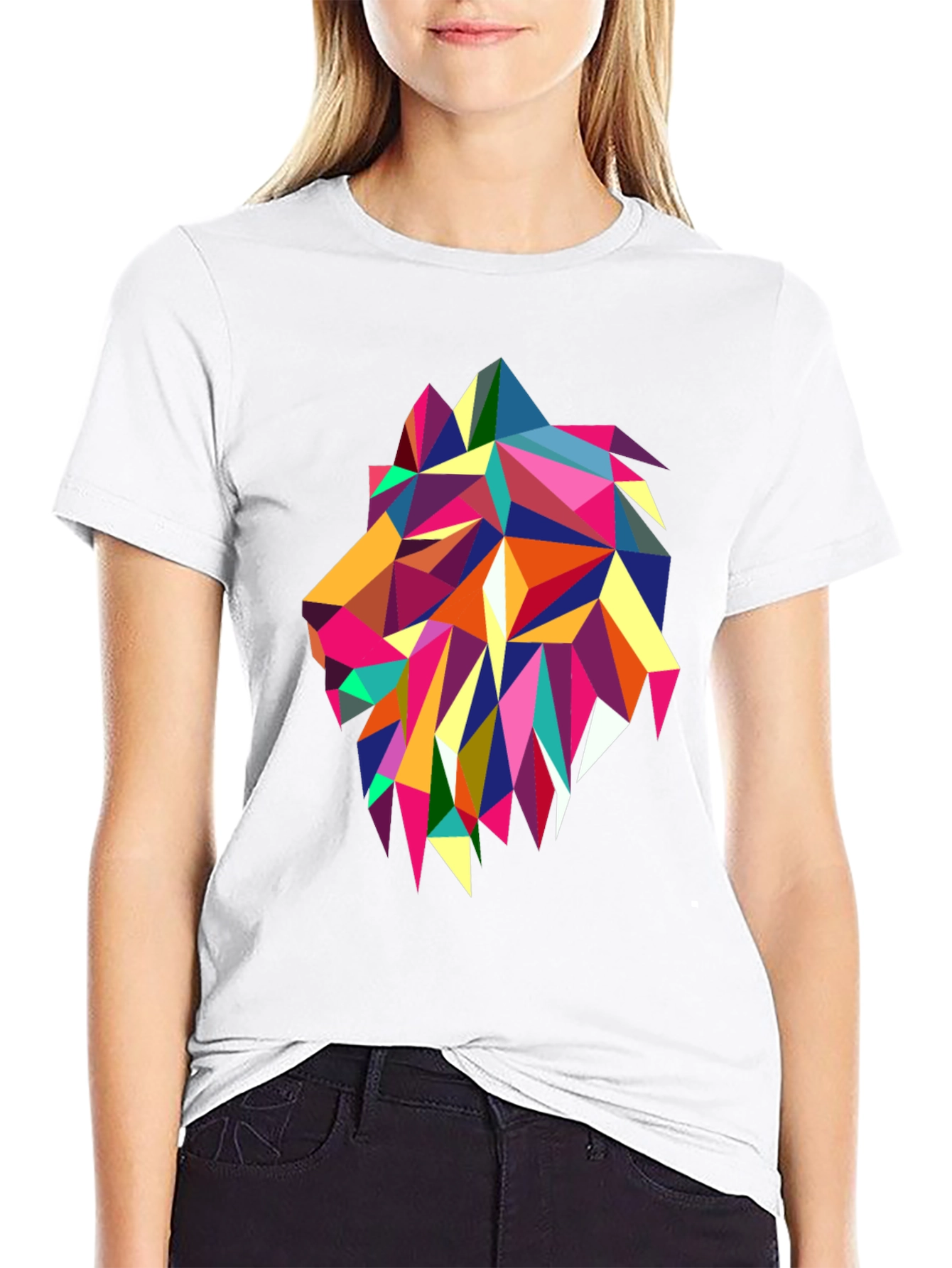 Geometric Lion Graphic Print Black T-Shirt