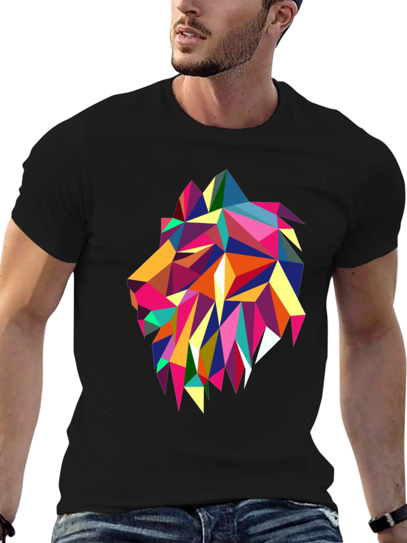 Geometric Lion Graphic Print Black T-Shirt