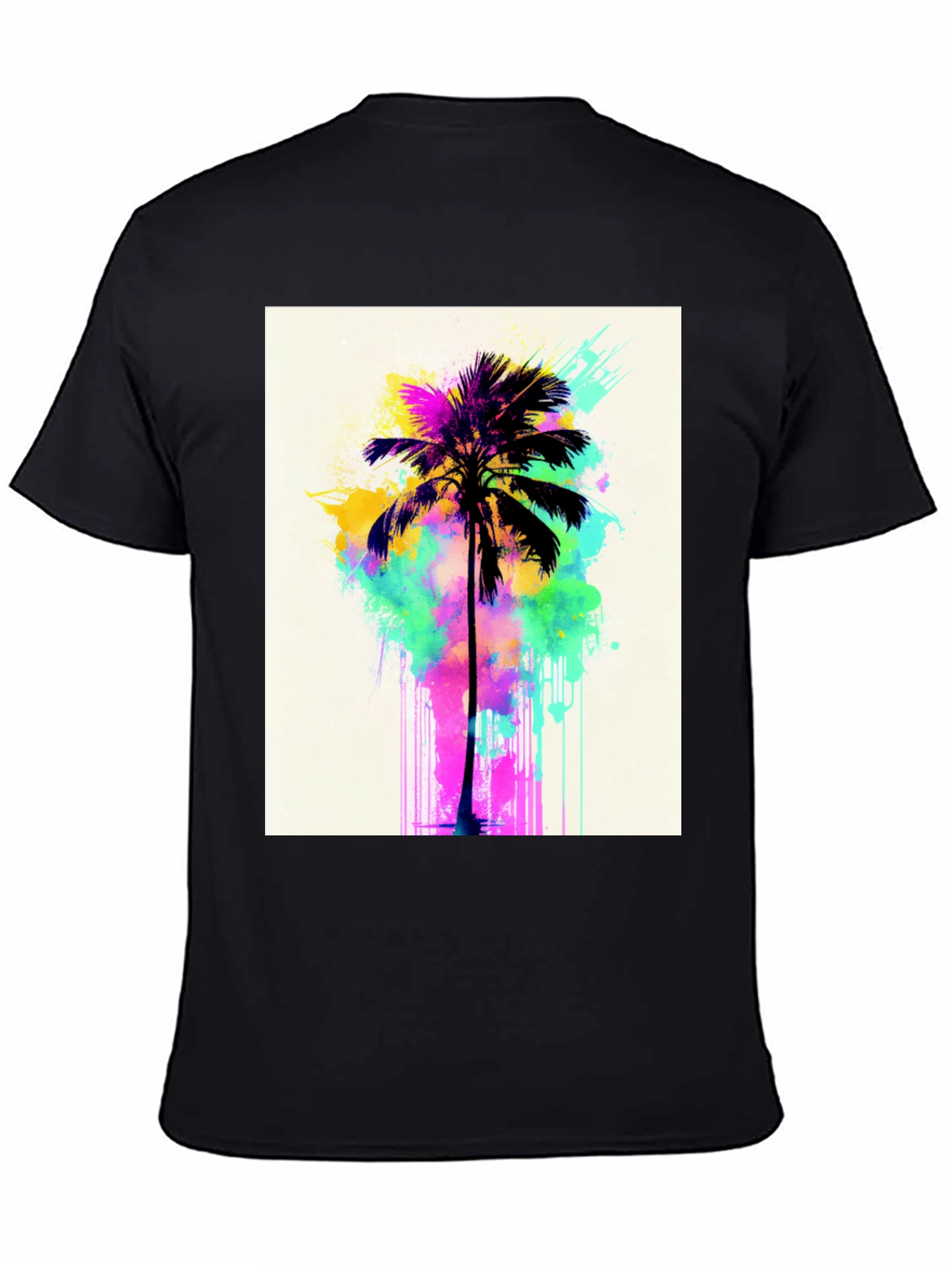 Vibrant Palm Tree Graphic Tee - Black Cotton T-Shirt
