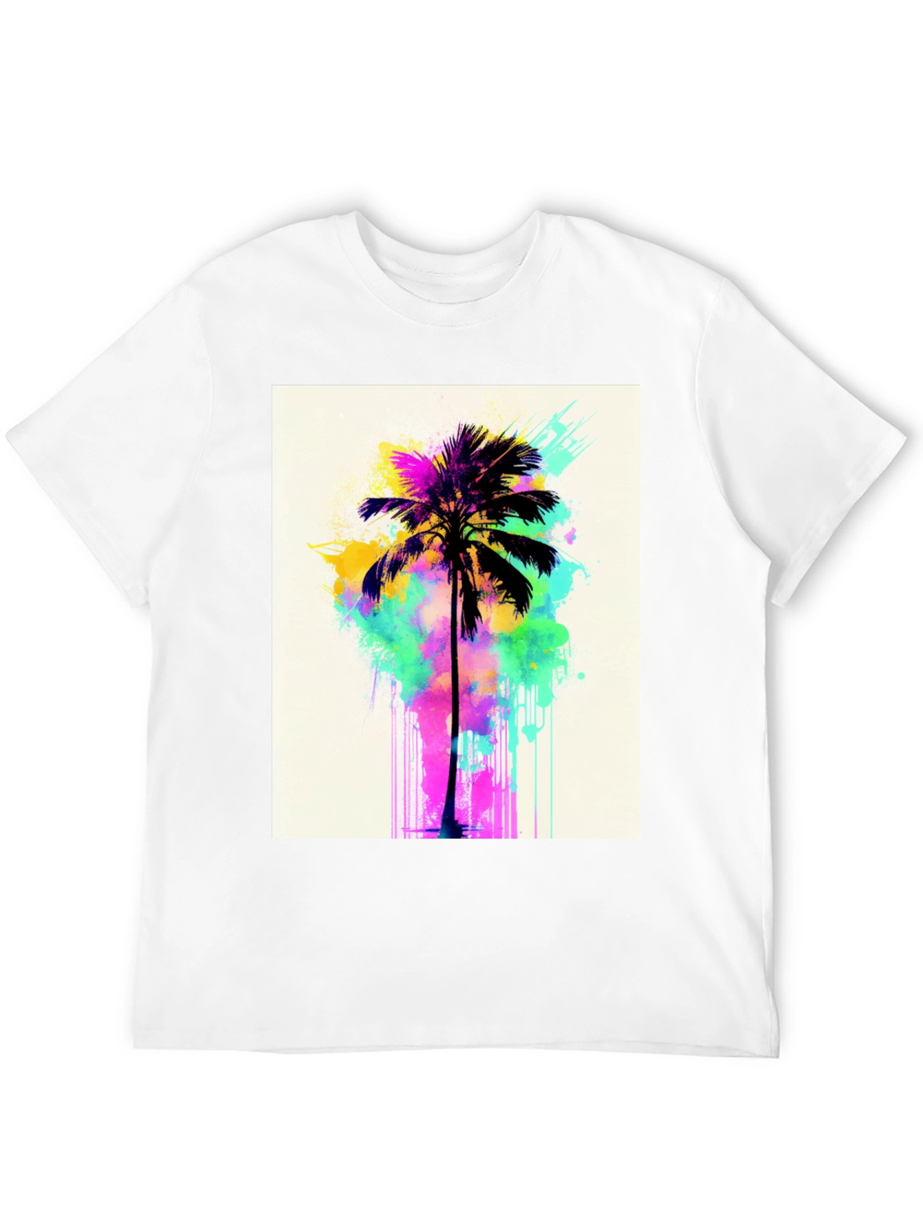 Vibrant Palm Tree Graphic Tee - Black Cotton T-Shirt