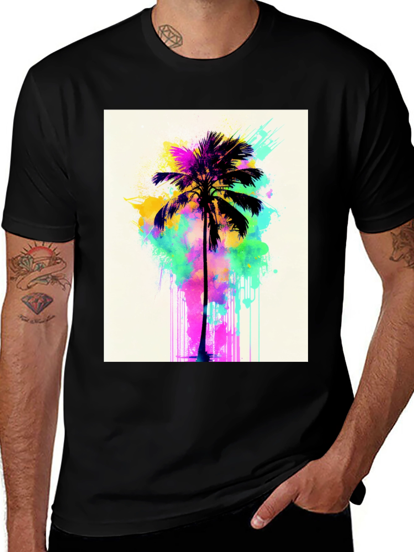 Vibrant Palm Tree Graphic Tee - Black Cotton T-Shirt
