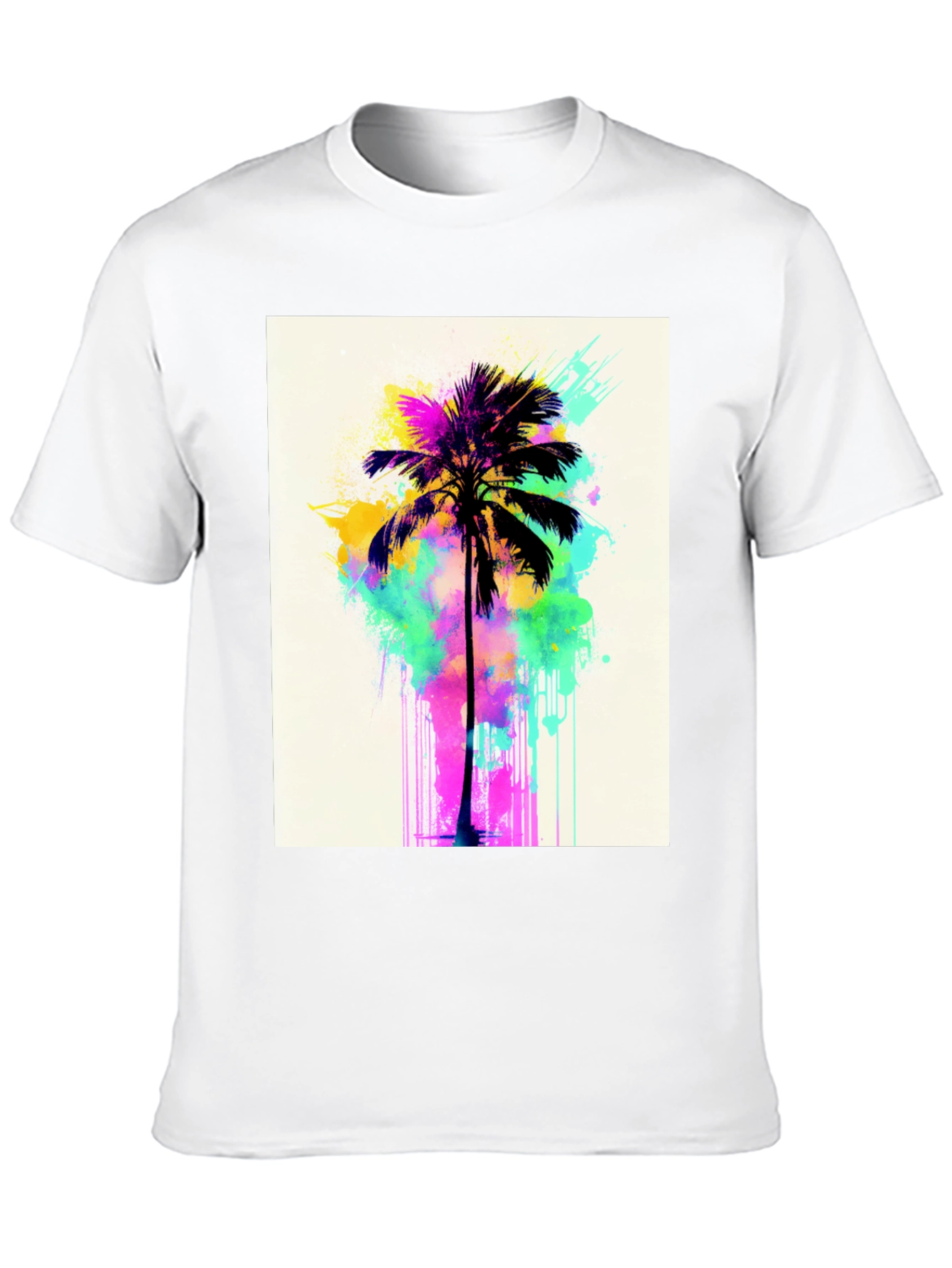 Vibrant Palm Tree Graphic Tee - Black Cotton T-Shirt