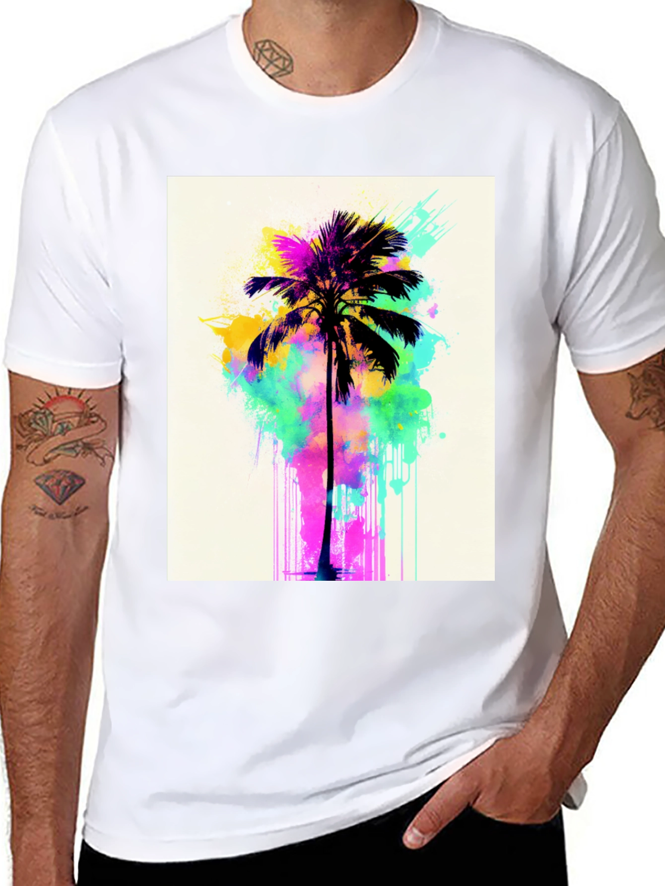 Vibrant Palm Tree Graphic Tee - Black Cotton T-Shirt