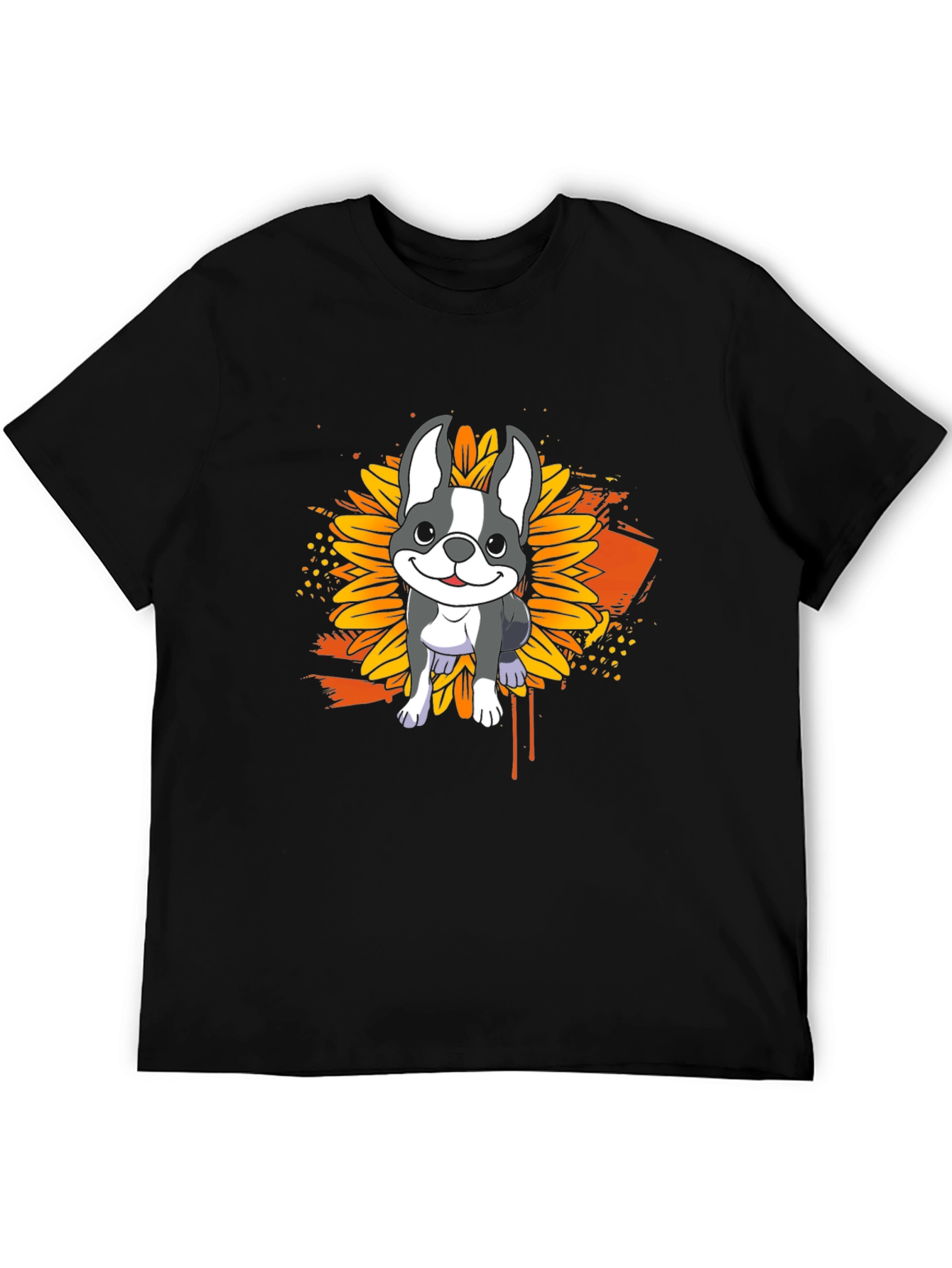 Dog Sunflower Graphic T-Shirt - Casual Black Tee