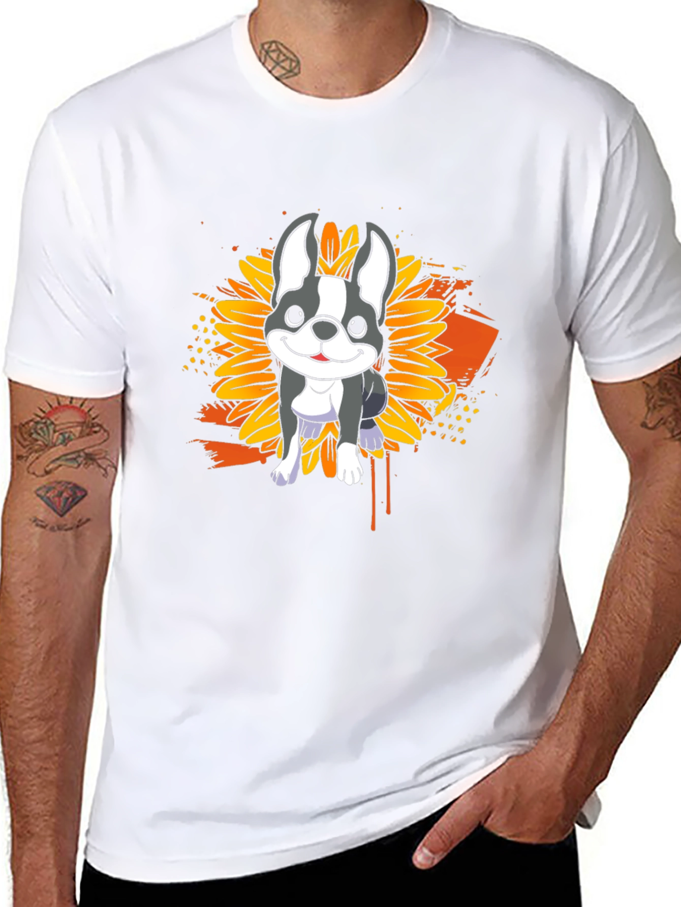 Dog Sunflower Graphic T-Shirt - Casual Black Tee