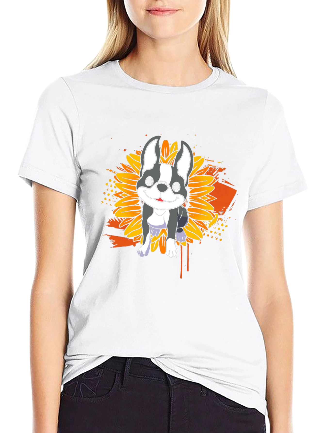 Dog Sunflower Graphic T-Shirt - Casual Black Tee