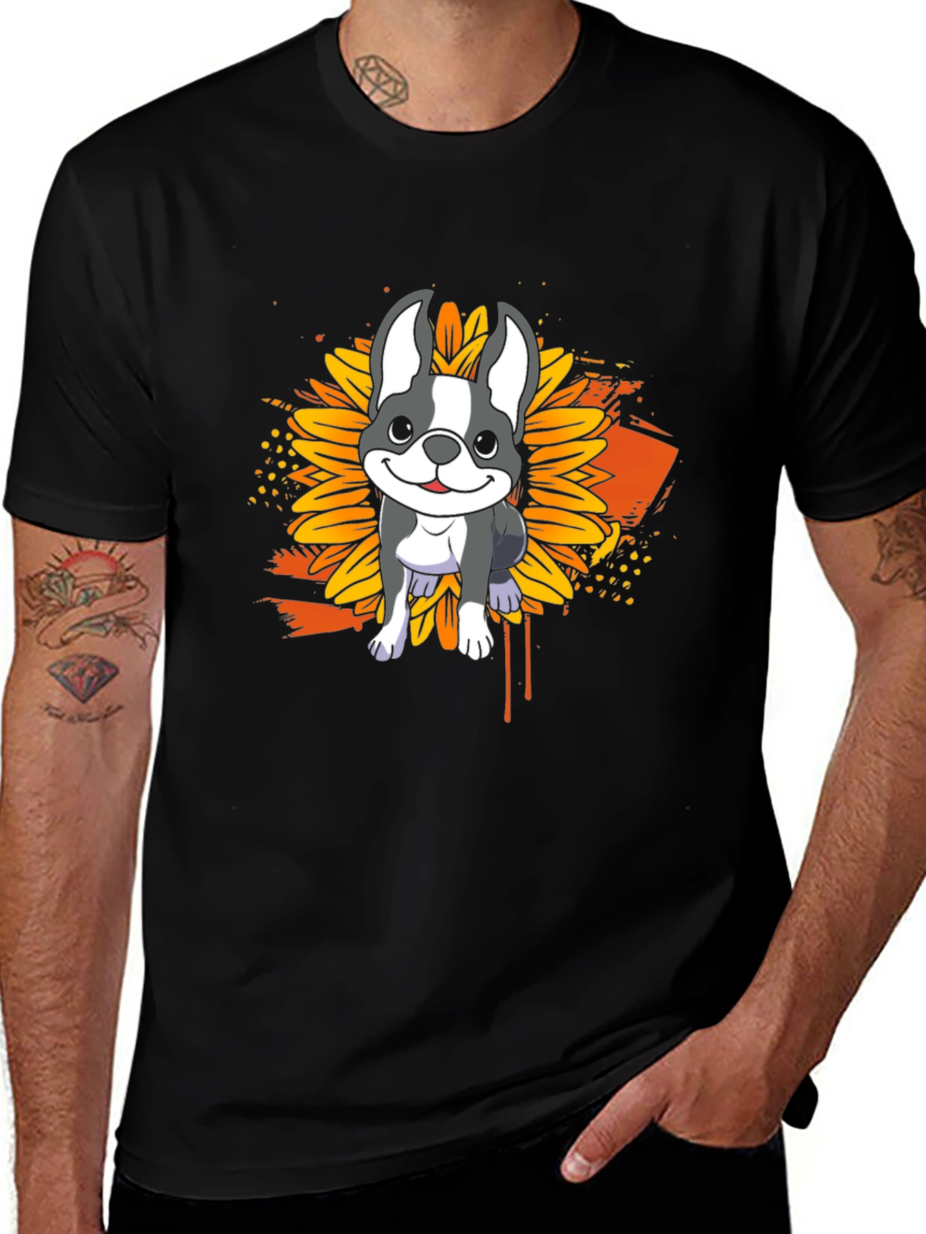 Dog Sunflower Graphic T-Shirt - Casual Black Tee