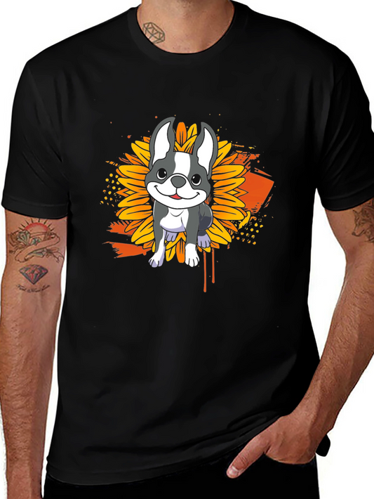 Dog Sunflower Graphic T-Shirt - Casual Black Tee