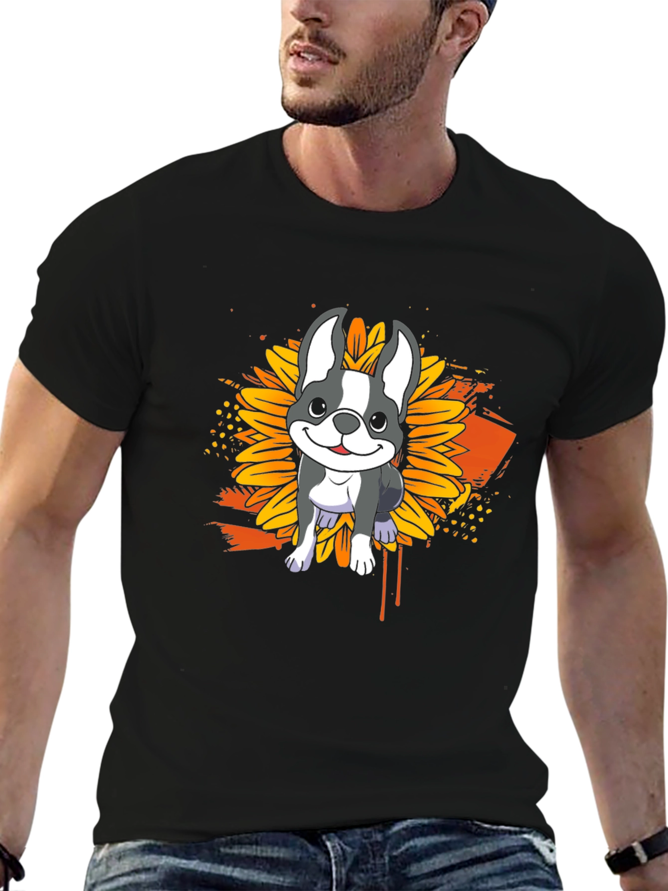 Dog Sunflower Graphic T-Shirt - Casual Black Tee