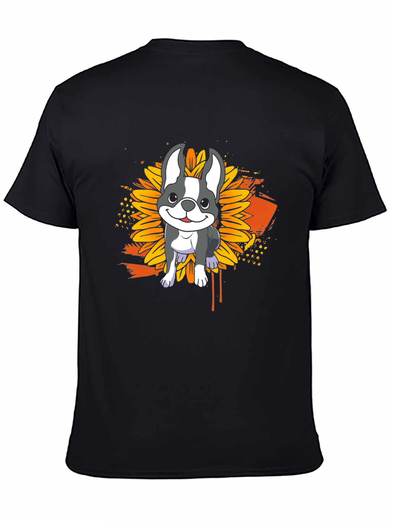 Dog Sunflower Graphic T-Shirt - Casual Black Tee