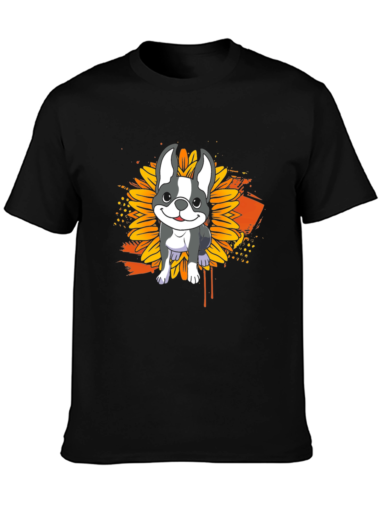 Dog Sunflower Graphic T-Shirt - Casual Black Tee