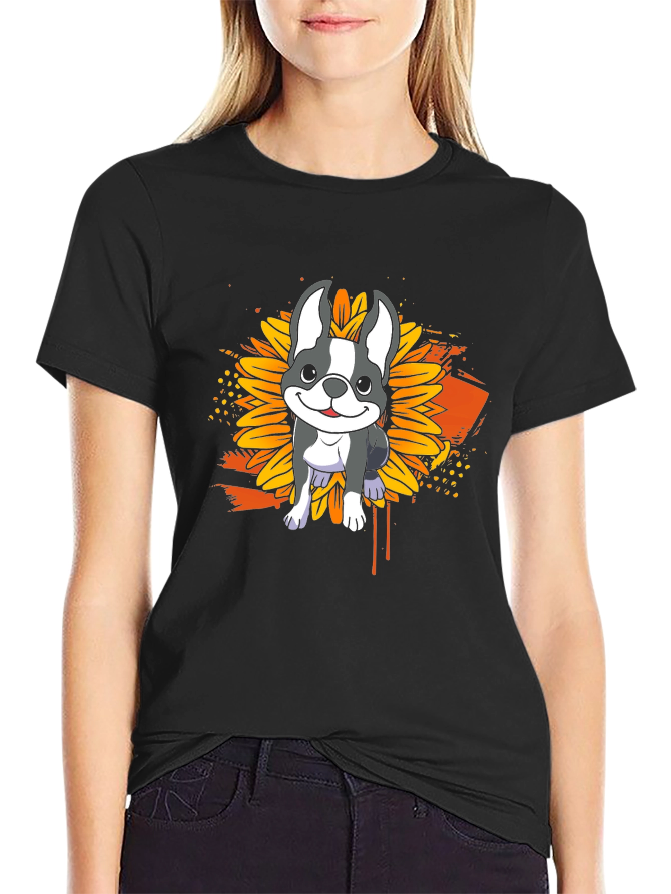 Dog Sunflower Graphic T-Shirt - Casual Black Tee