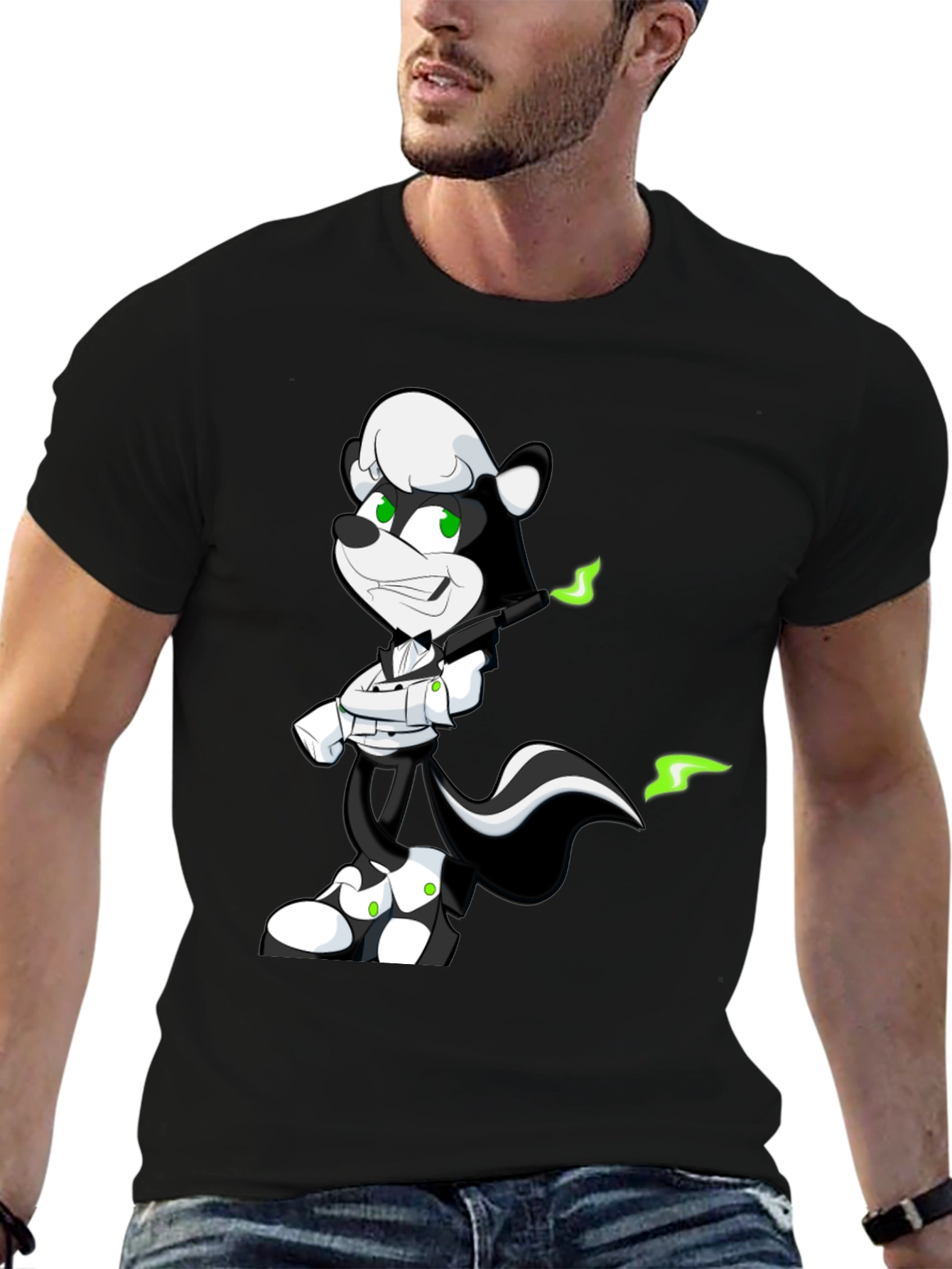 Cool Skunk Cartoon Graphic Black T-Shirt