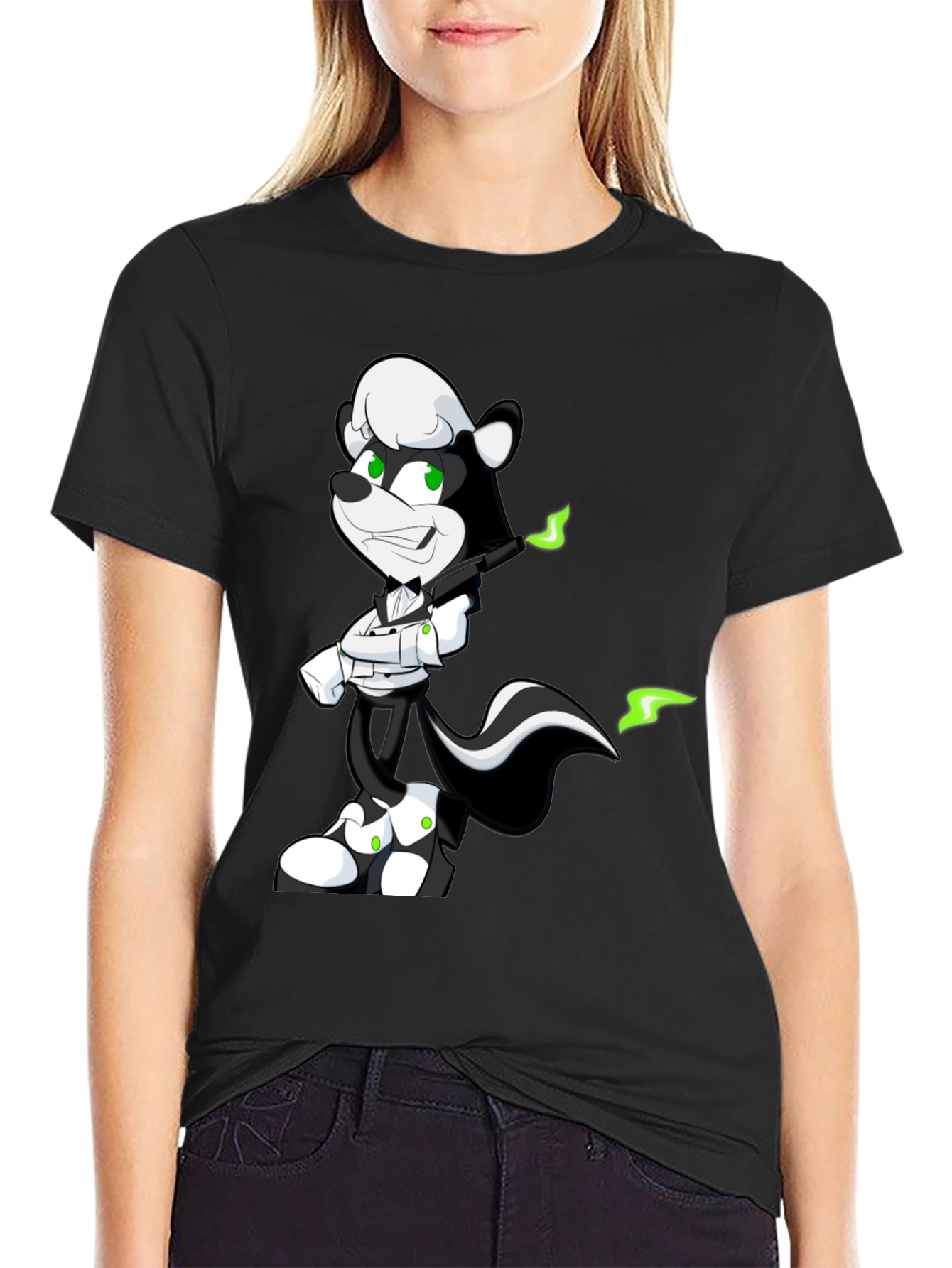 Cool Skunk Cartoon Graphic Black T-Shirt