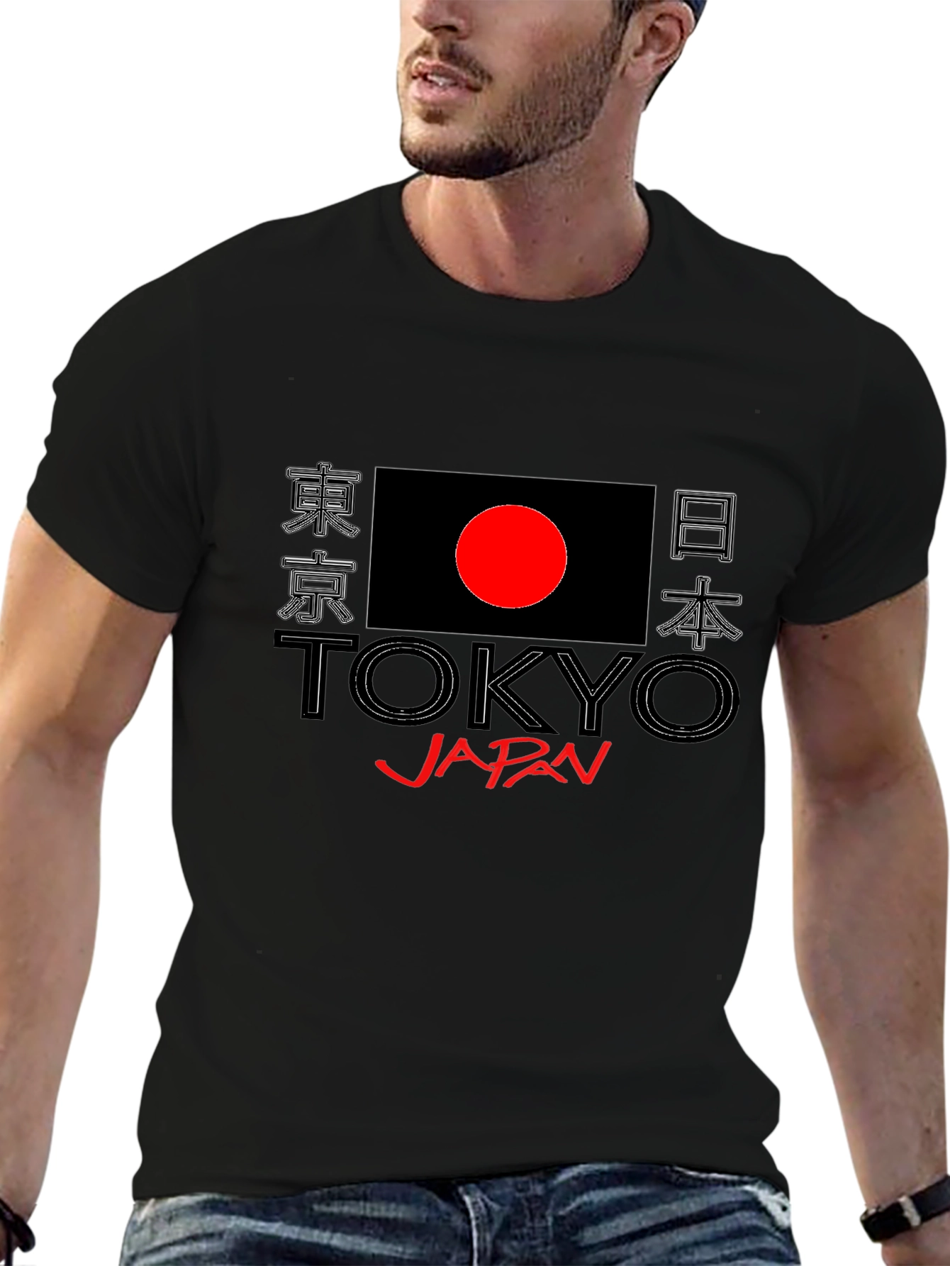 Tokyo Japan Flag Graphic Print Black T-Shirt