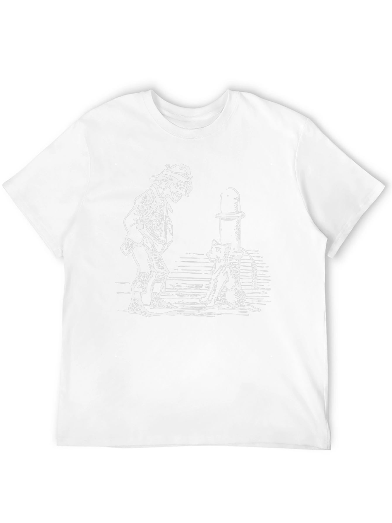 Man and Cat Drinking Fountain Black T-Shirt
