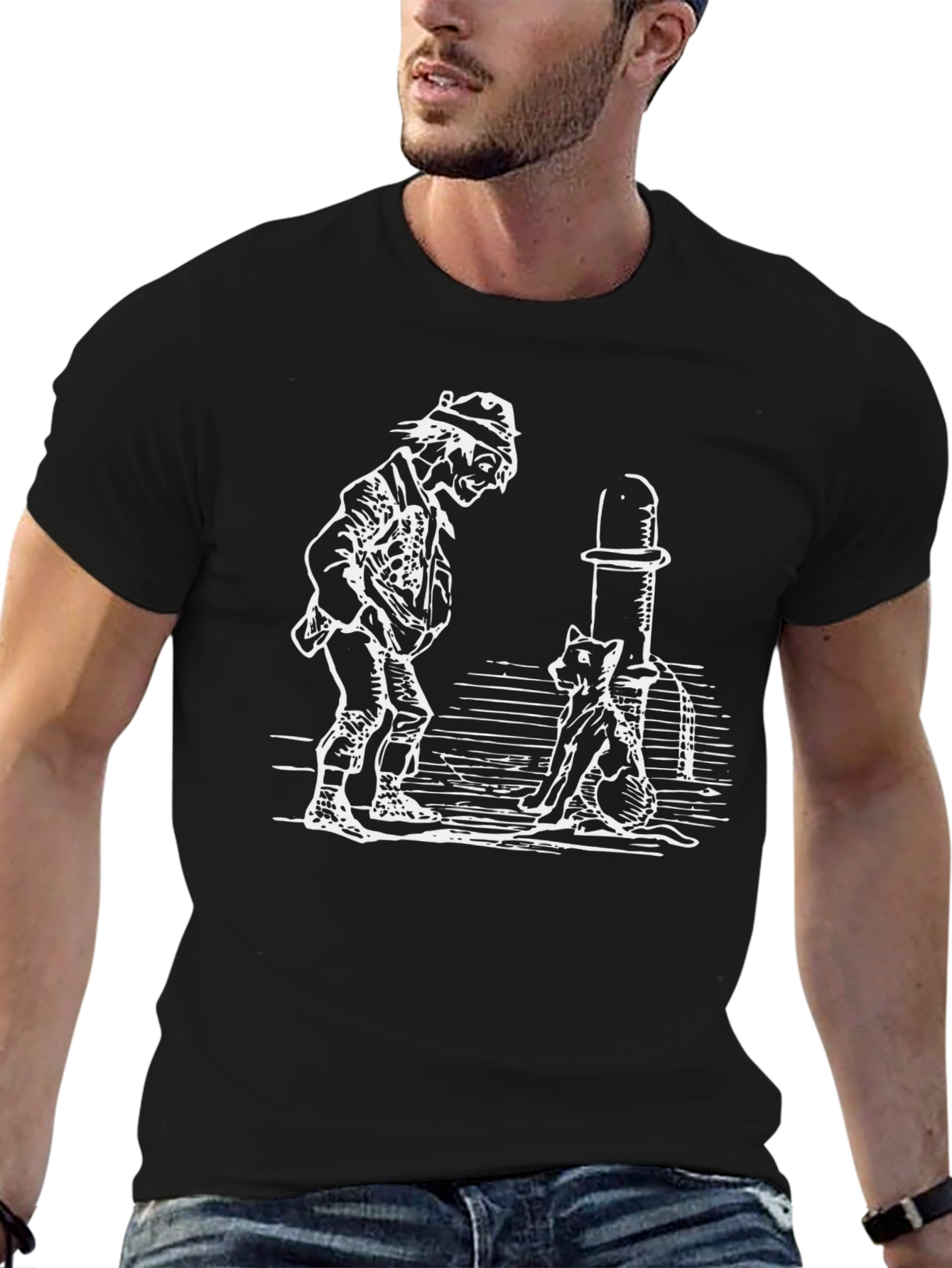 Man and Cat Drinking Fountain Black T-Shirt