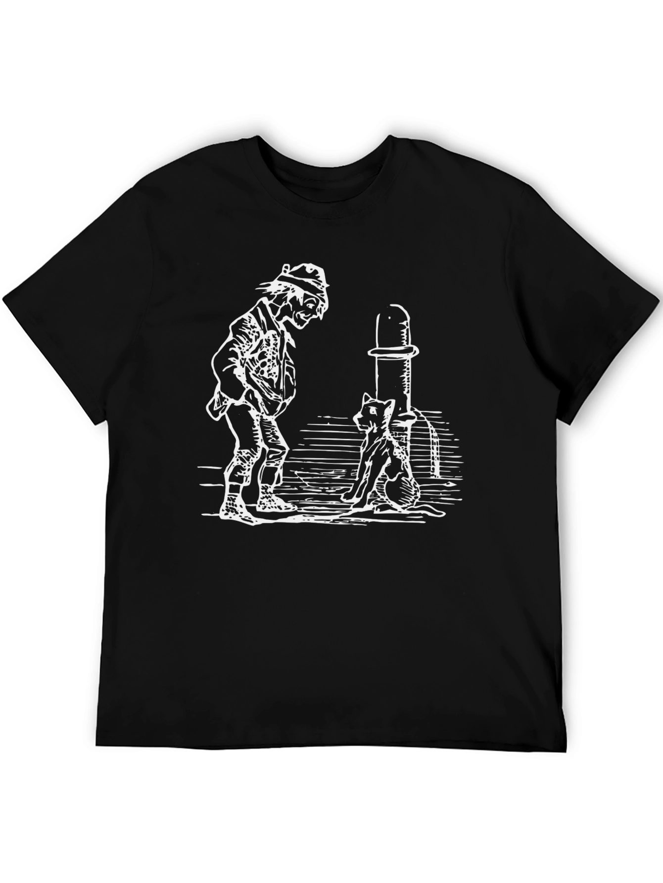 Man and Cat Drinking Fountain Black T-Shirt