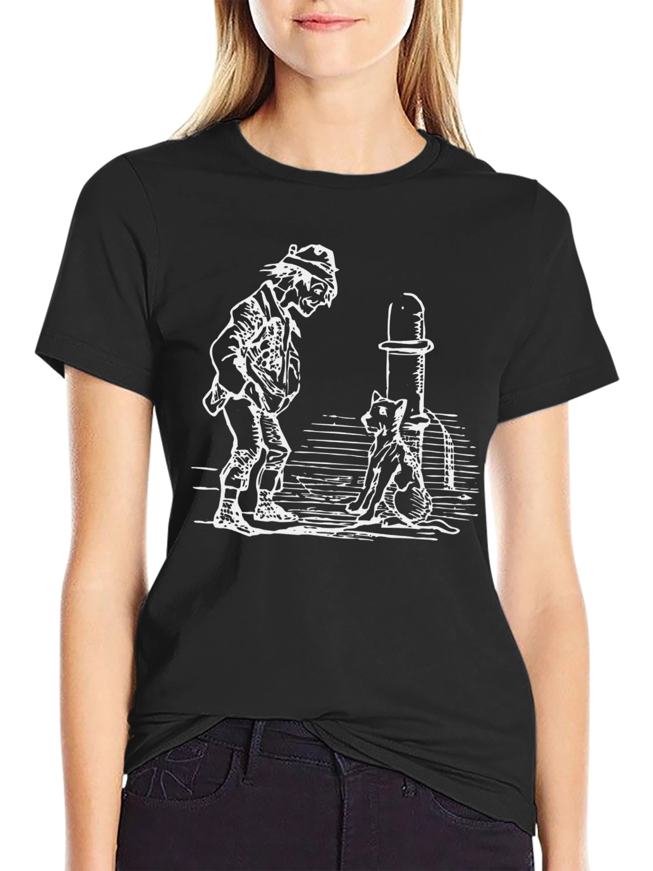 Man and Cat Drinking Fountain Black T-Shirt