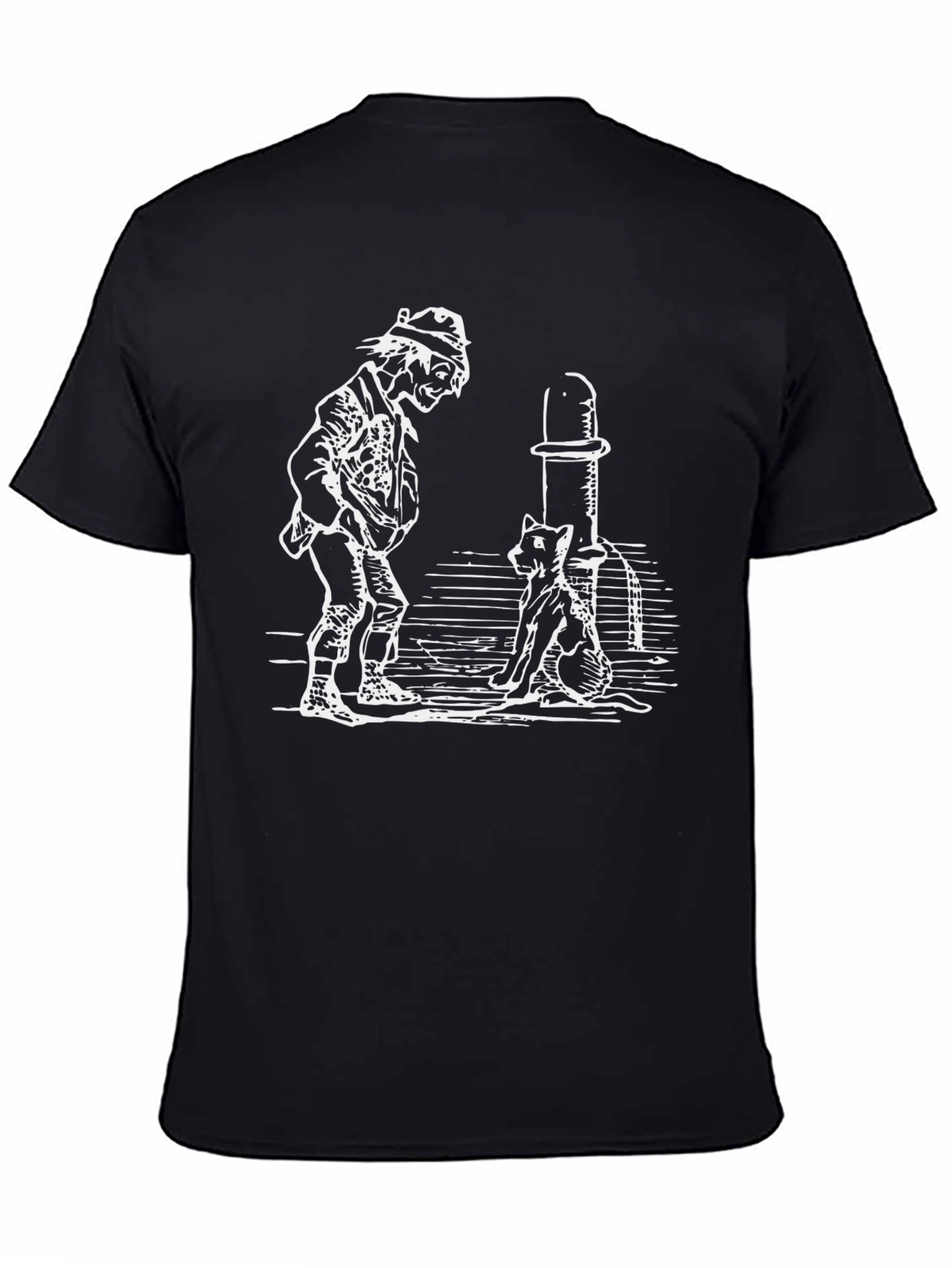 Man and Cat Drinking Fountain Black T-Shirt