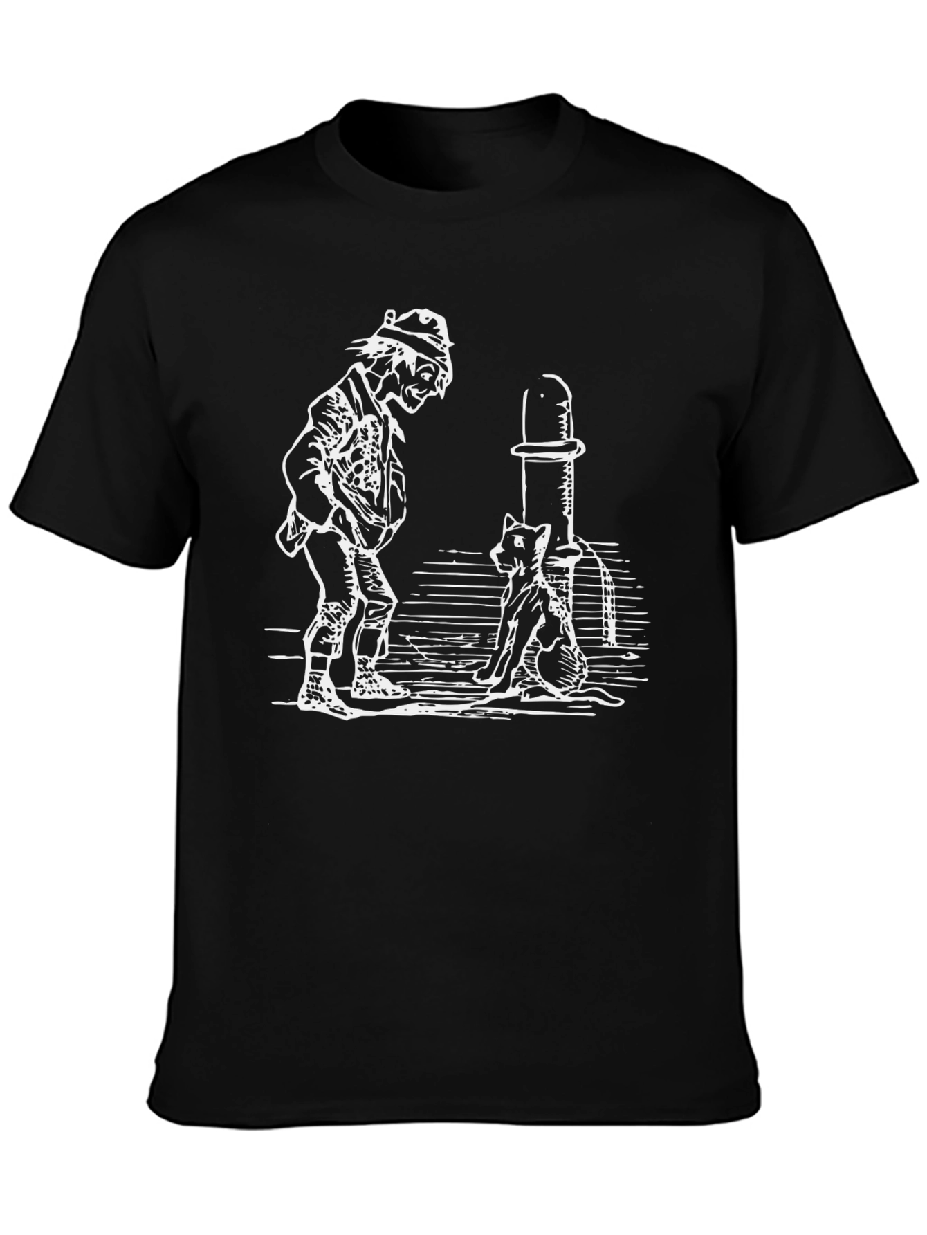 Man and Cat Drinking Fountain Black T-Shirt