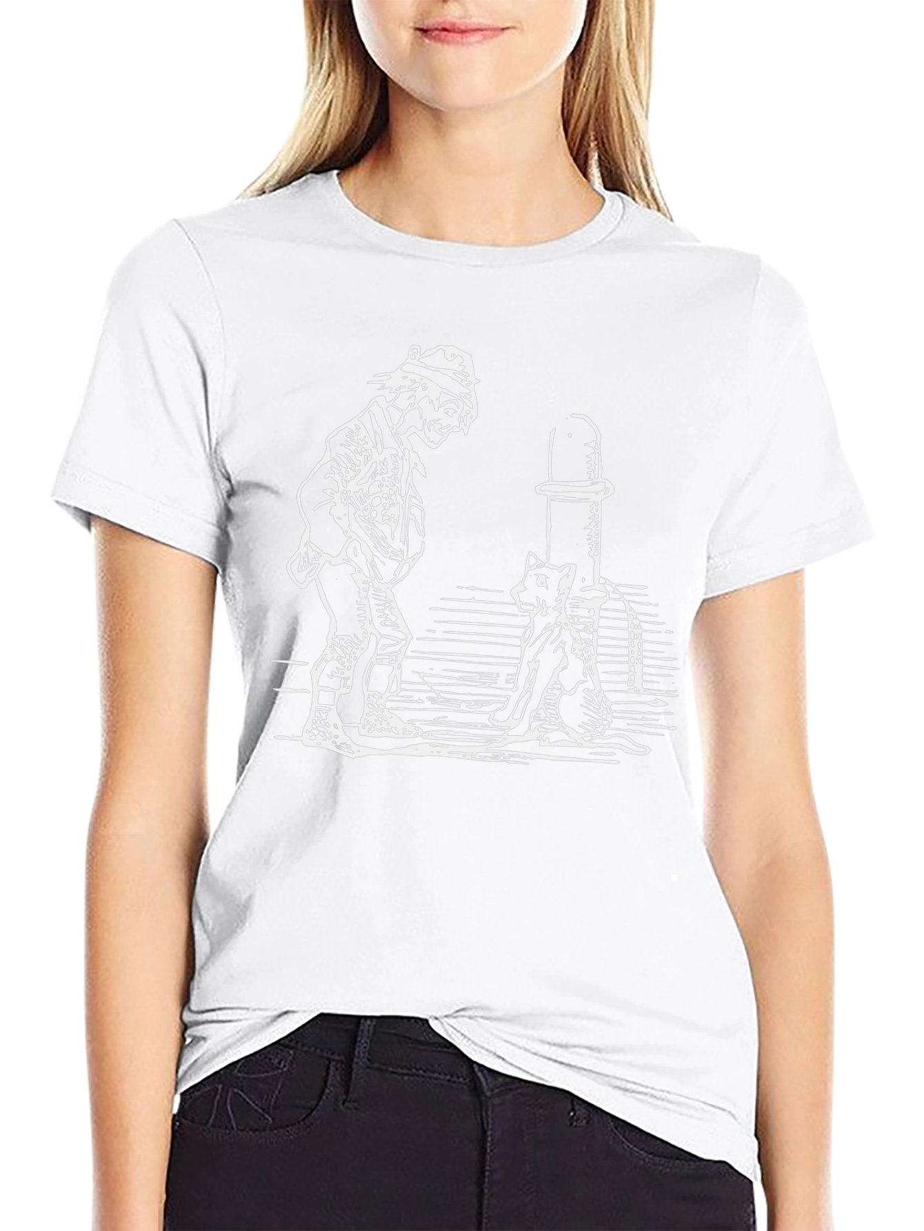 Man and Cat Drinking Fountain Black T-Shirt