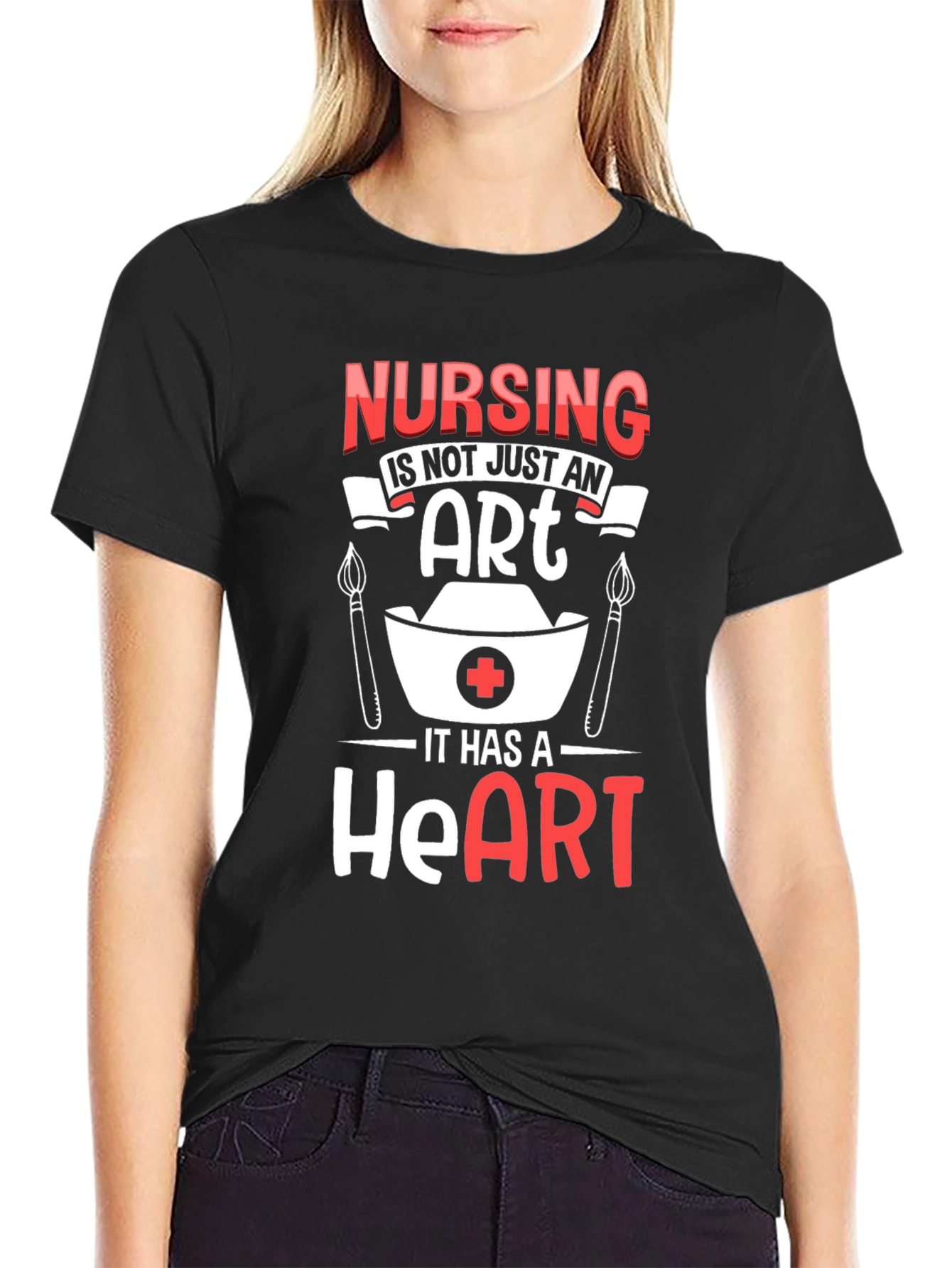 Nursing Heart T-Shirt - Black Crew Neck