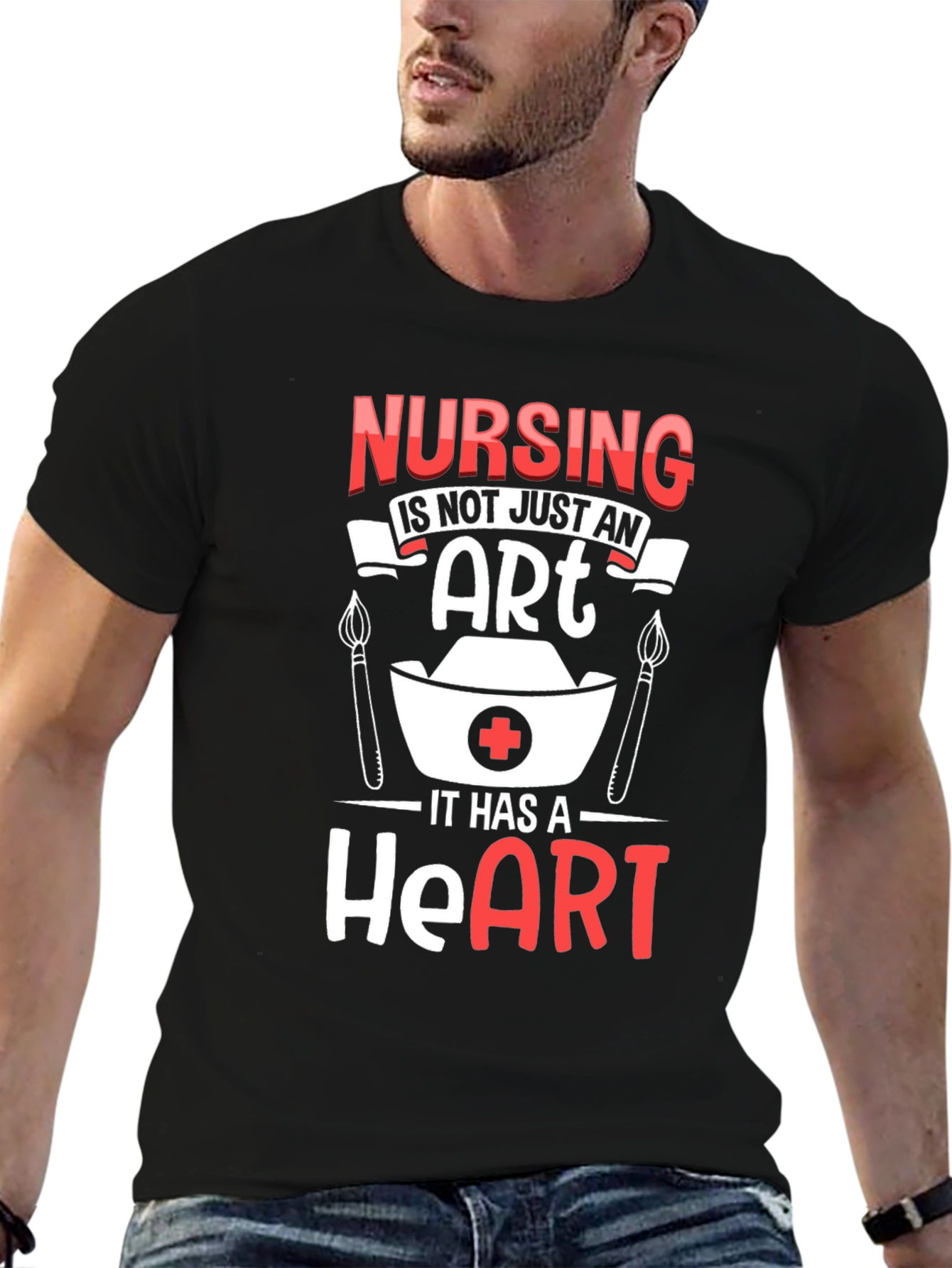 Nursing Heart T-Shirt - Black Crew Neck