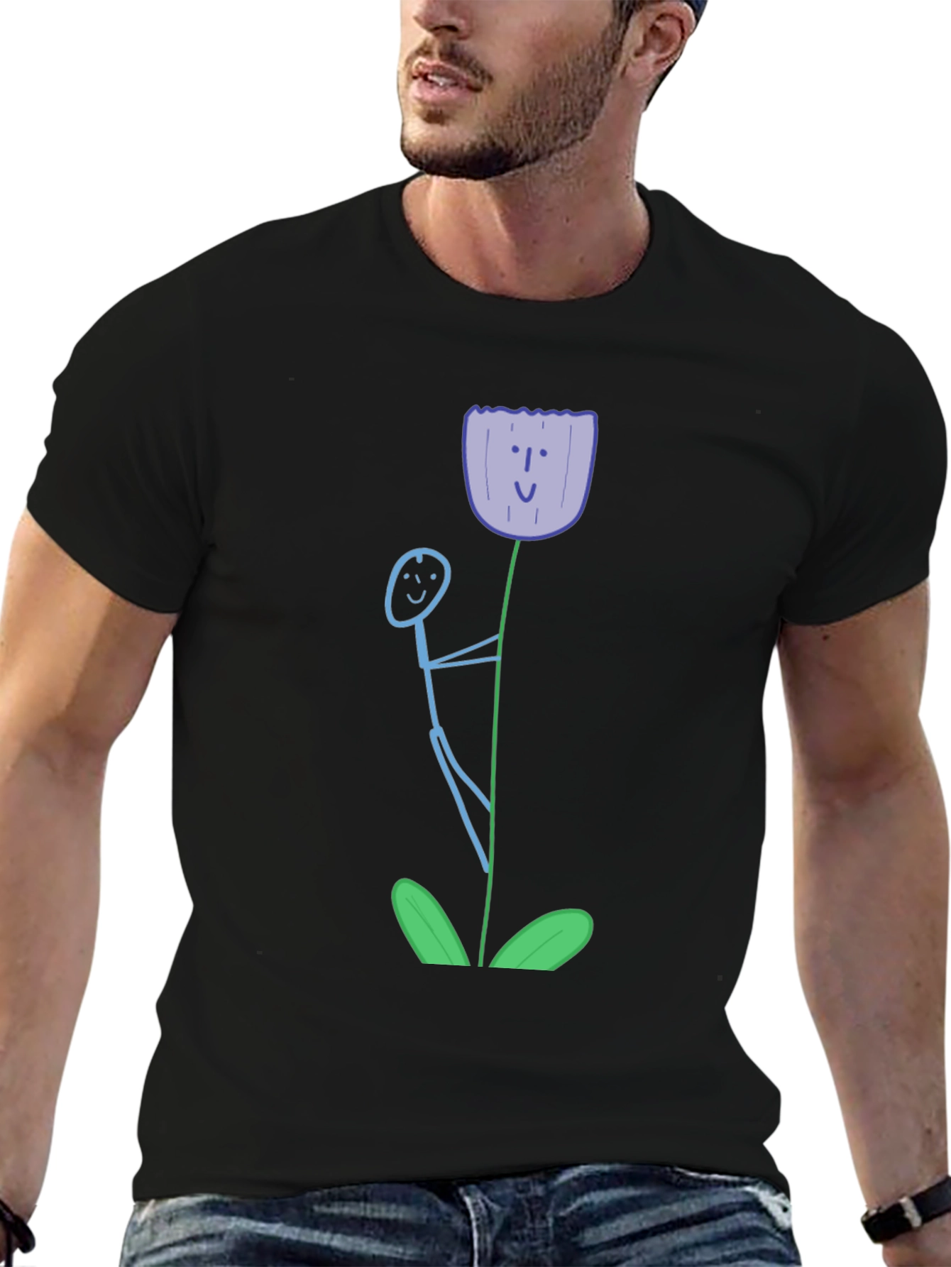 Whimsical Flower Graphic Tee - Black Cotton T-Shirt