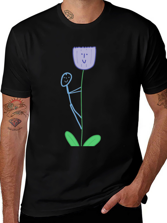 Whimsical Flower Graphic Tee - Black Cotton T-Shirt