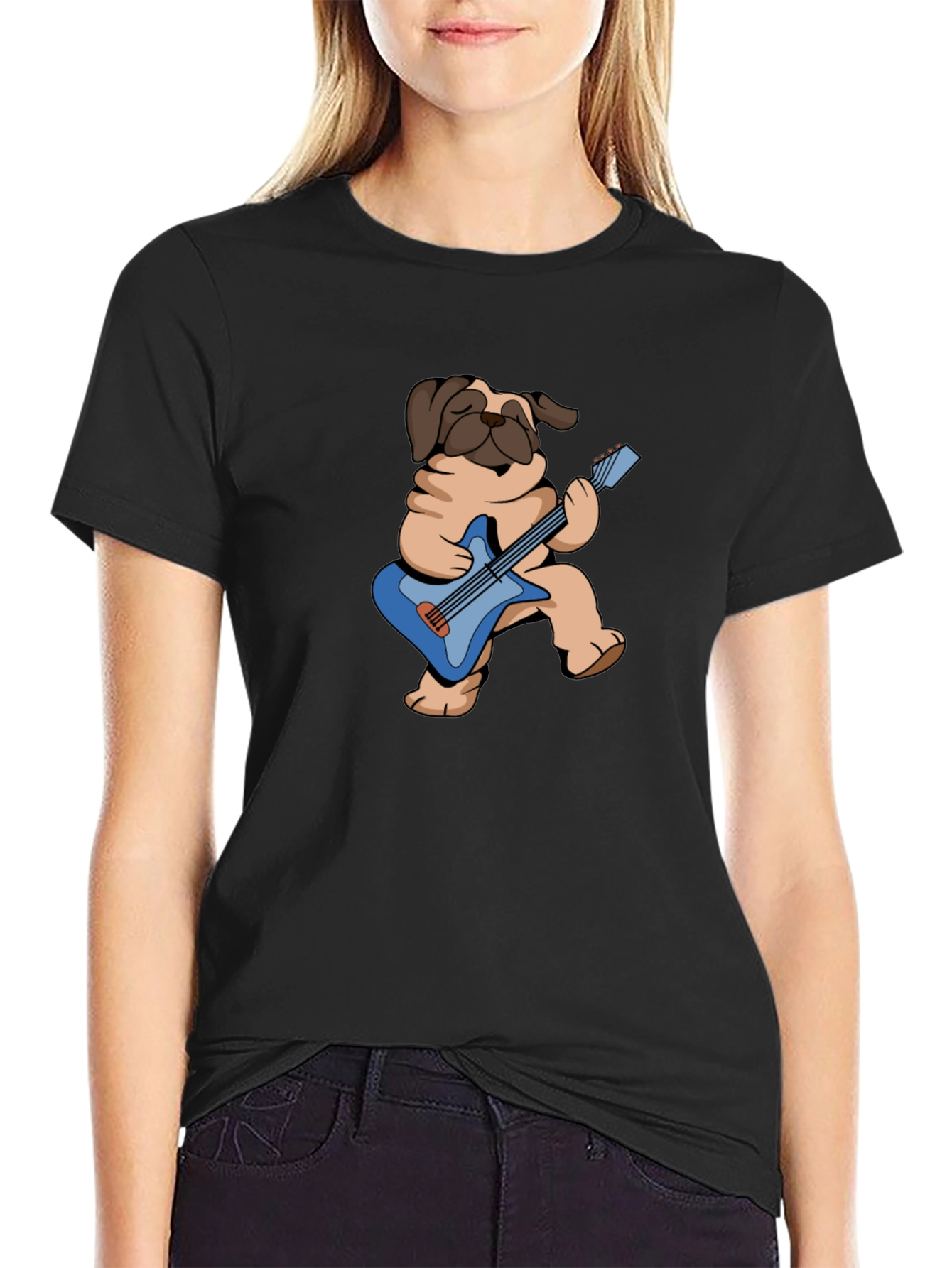 Pug Guitarist Graphic Tee - Black Cotton T-Shirt