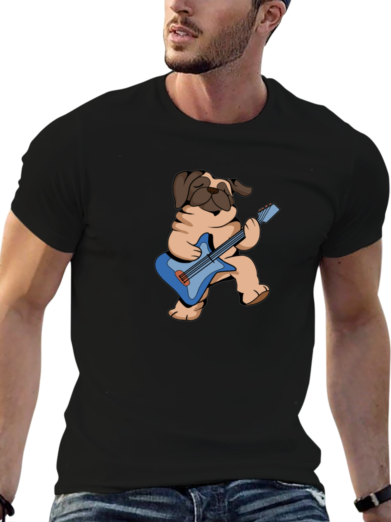 Pug Guitarist Graphic Tee - Black Cotton T-Shirt
