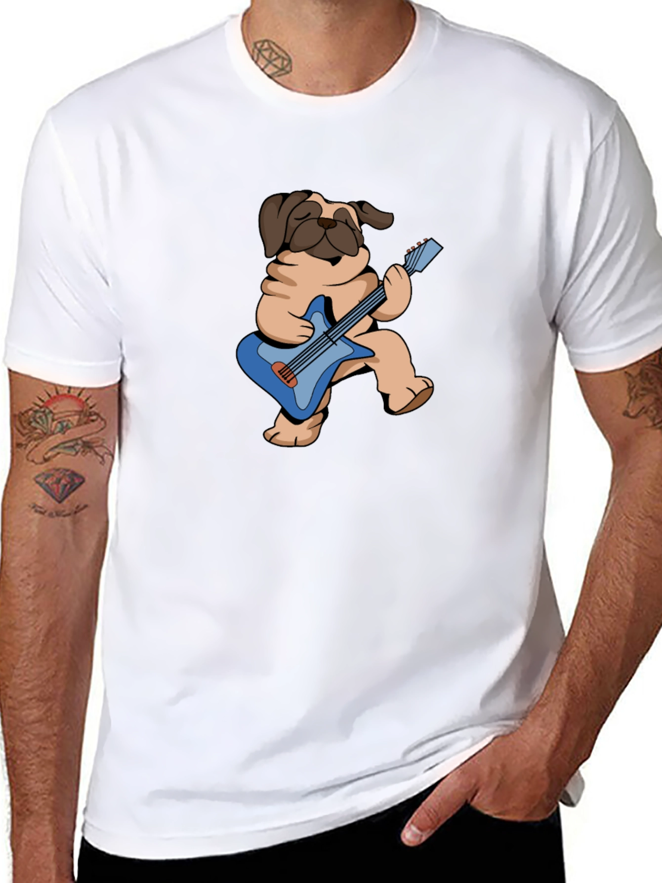 Pug Guitarist Graphic Tee - Black Cotton T-Shirt