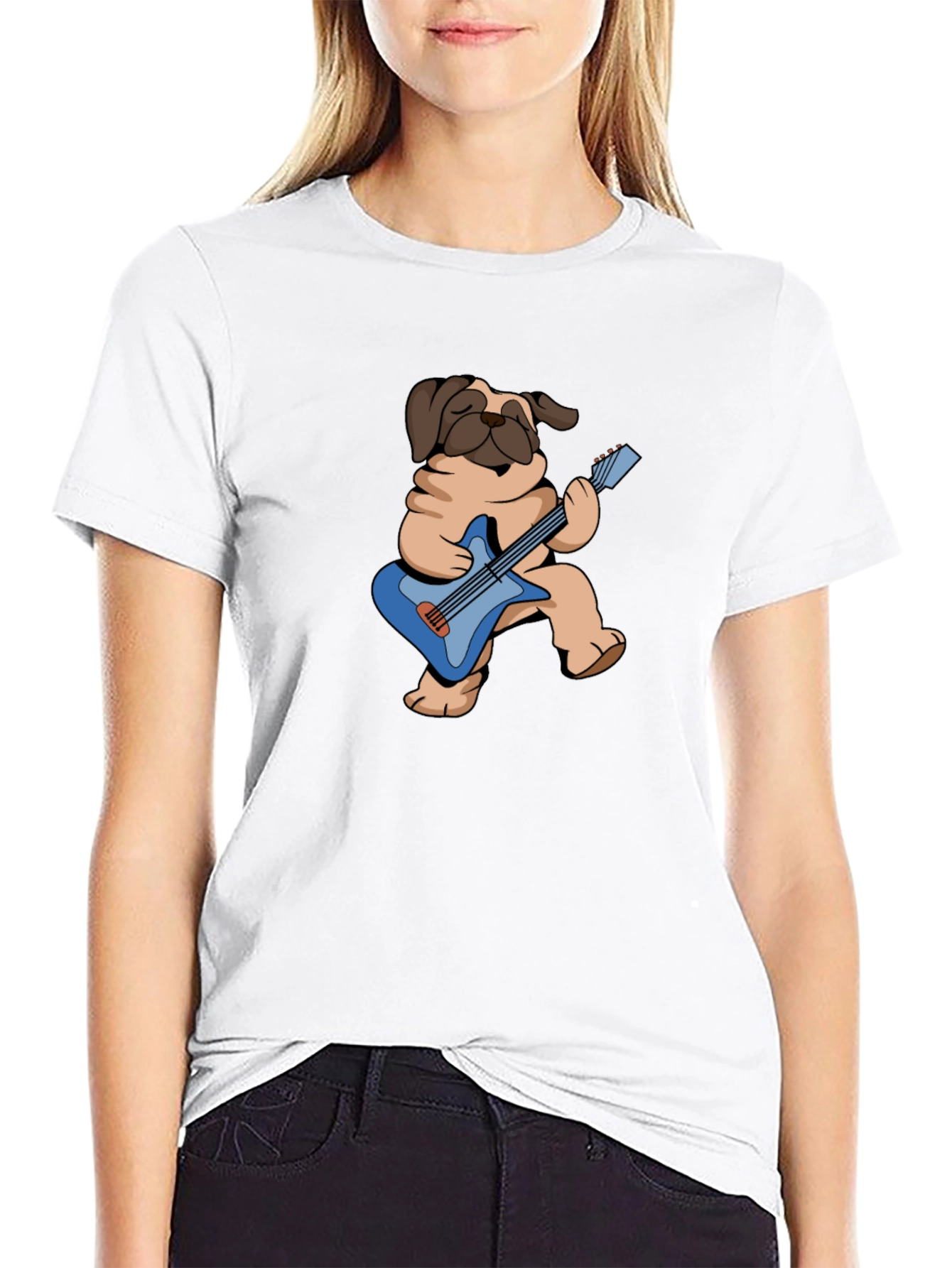 Pug Guitarist Graphic Tee - Black Cotton T-Shirt