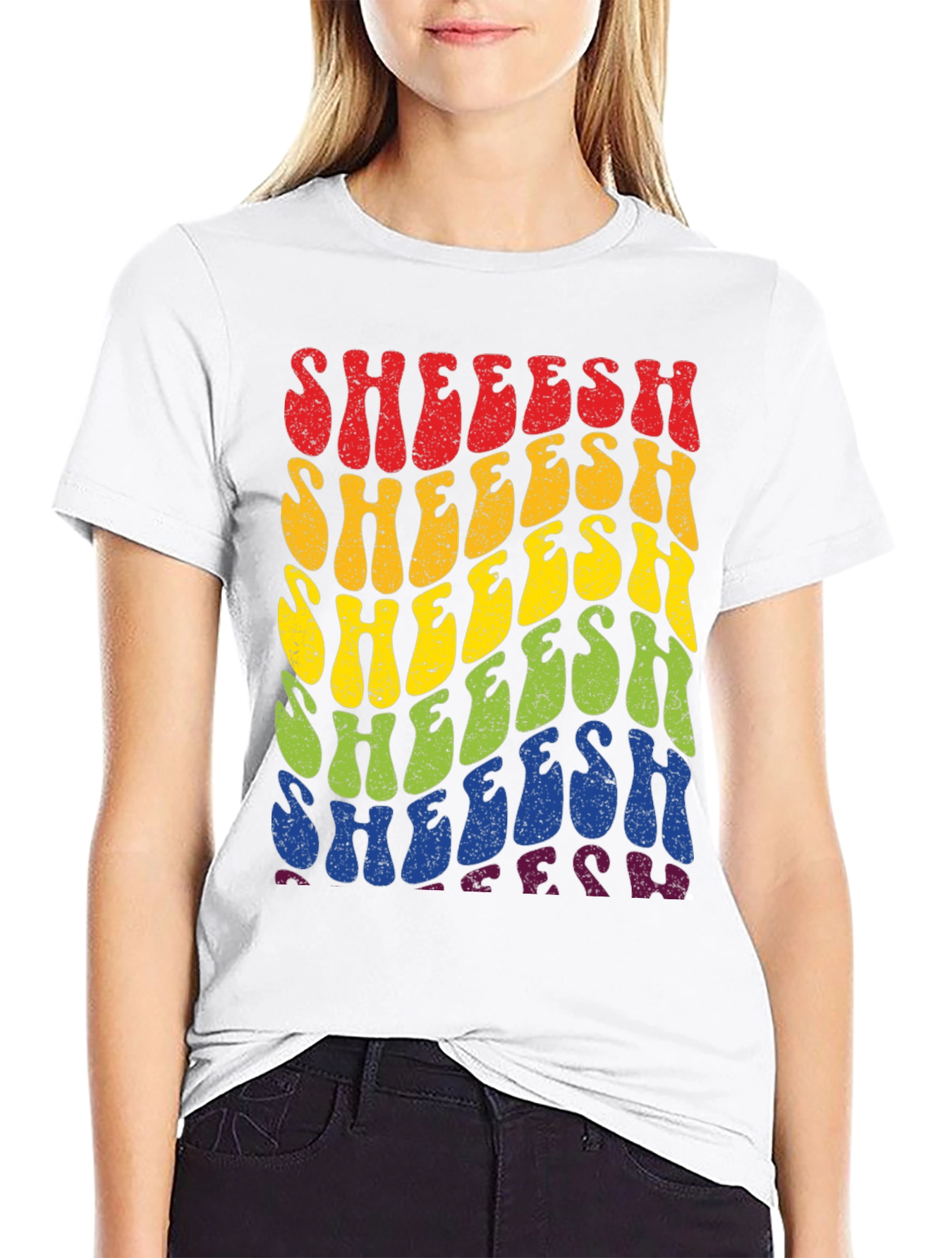 Retro SHEEESH Rainbow Graphic T-Shirt
