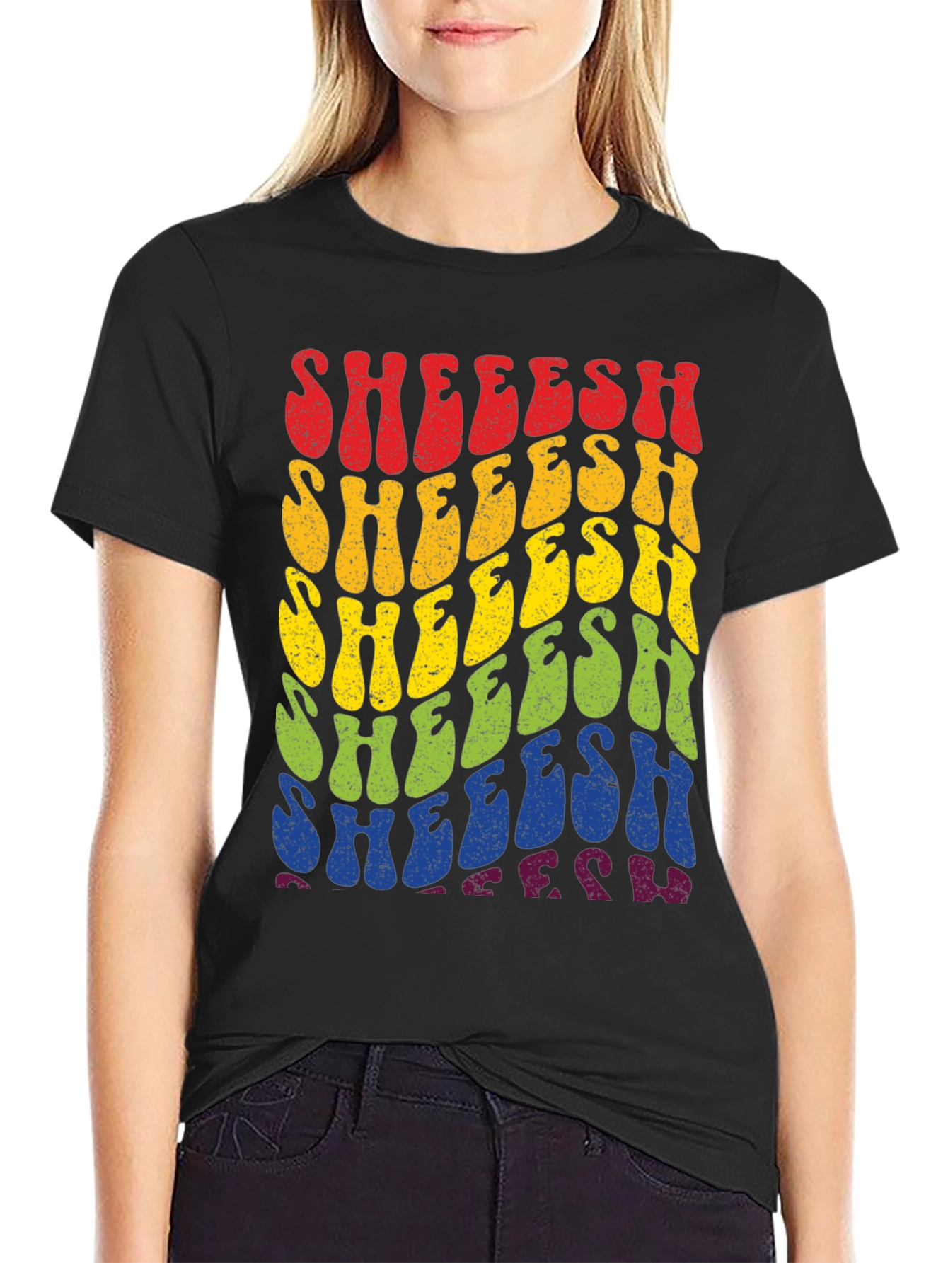 Retro SHEEESH Rainbow Graphic T-Shirt