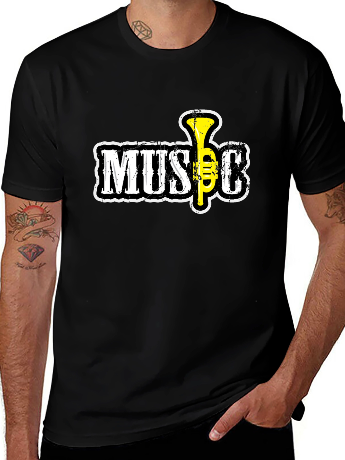 Black Music T-Shirt with Trumpet Design