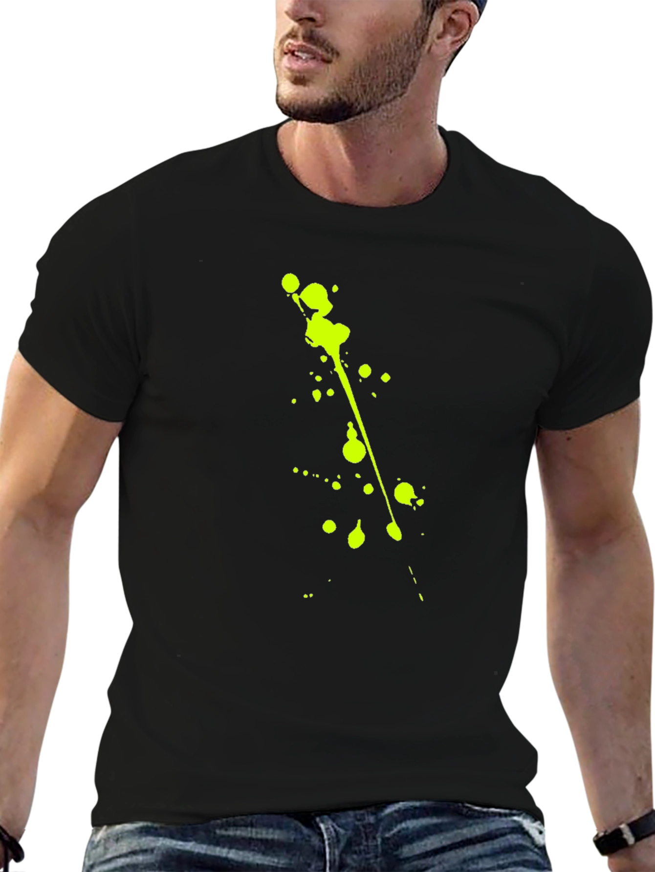 Black Tee with Neon Green Splatter Design
