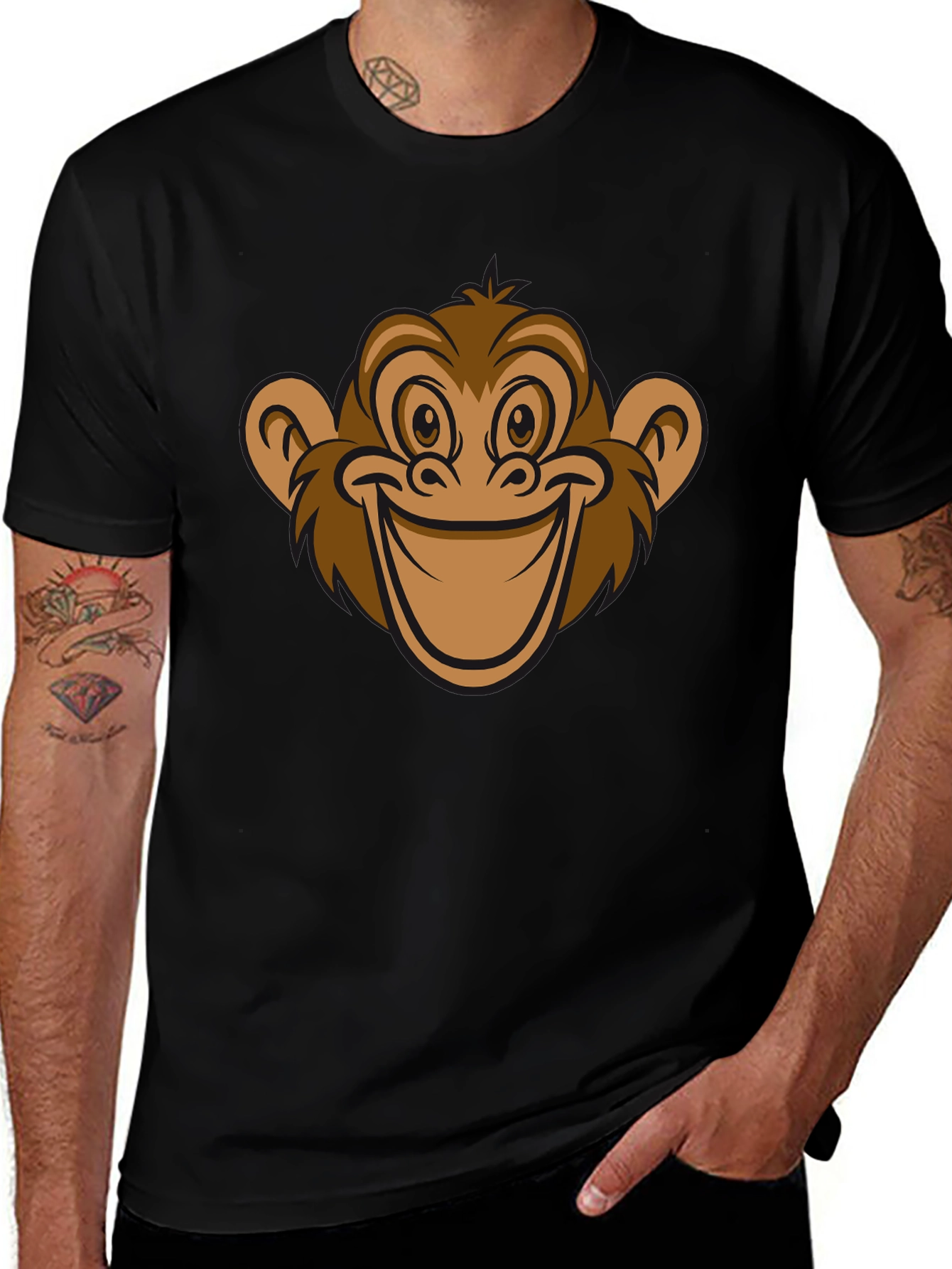 Funny Monkey Face Graphic T-Shirt - Black