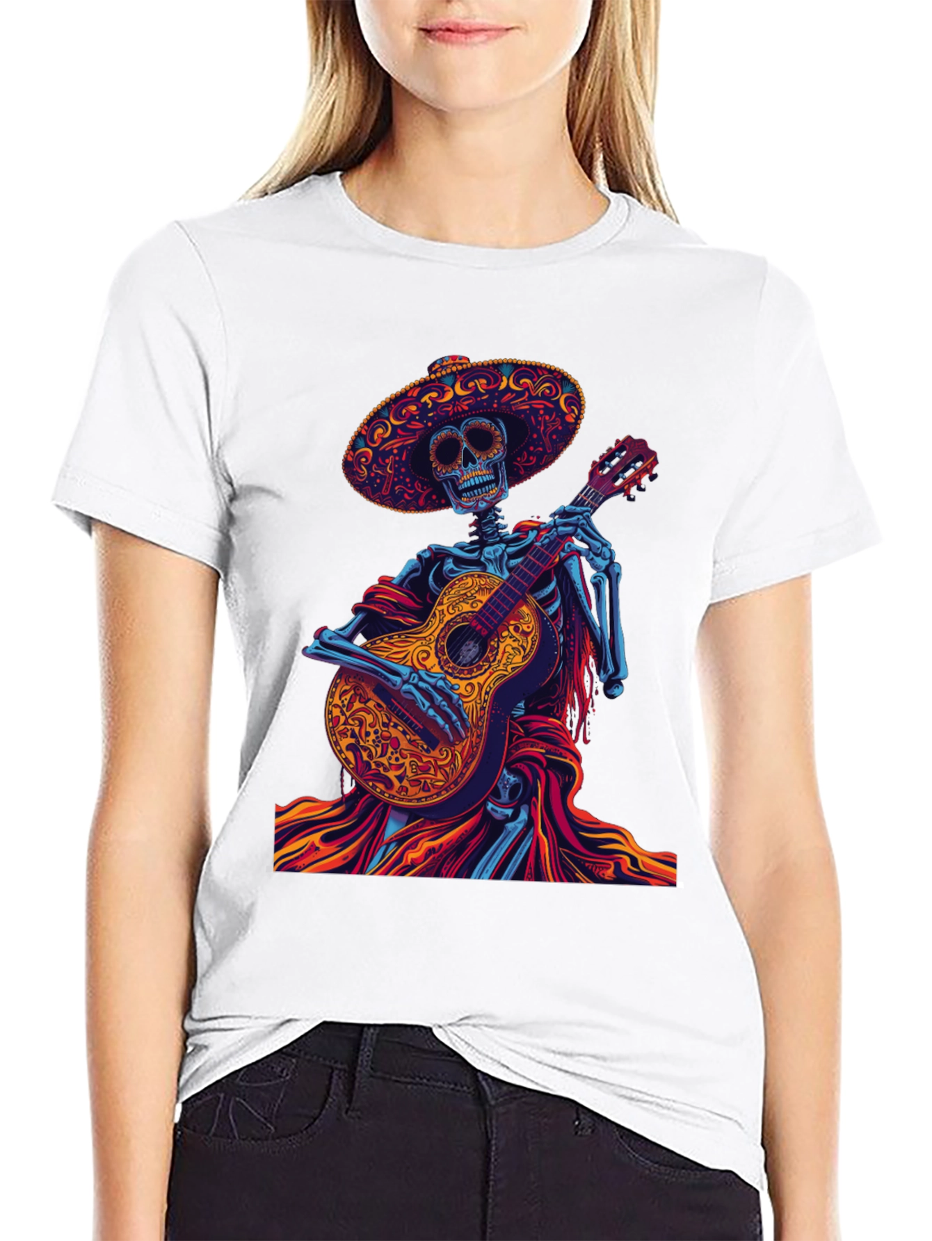 Day of the Dead Skeleton Guitarist Graphic Tee