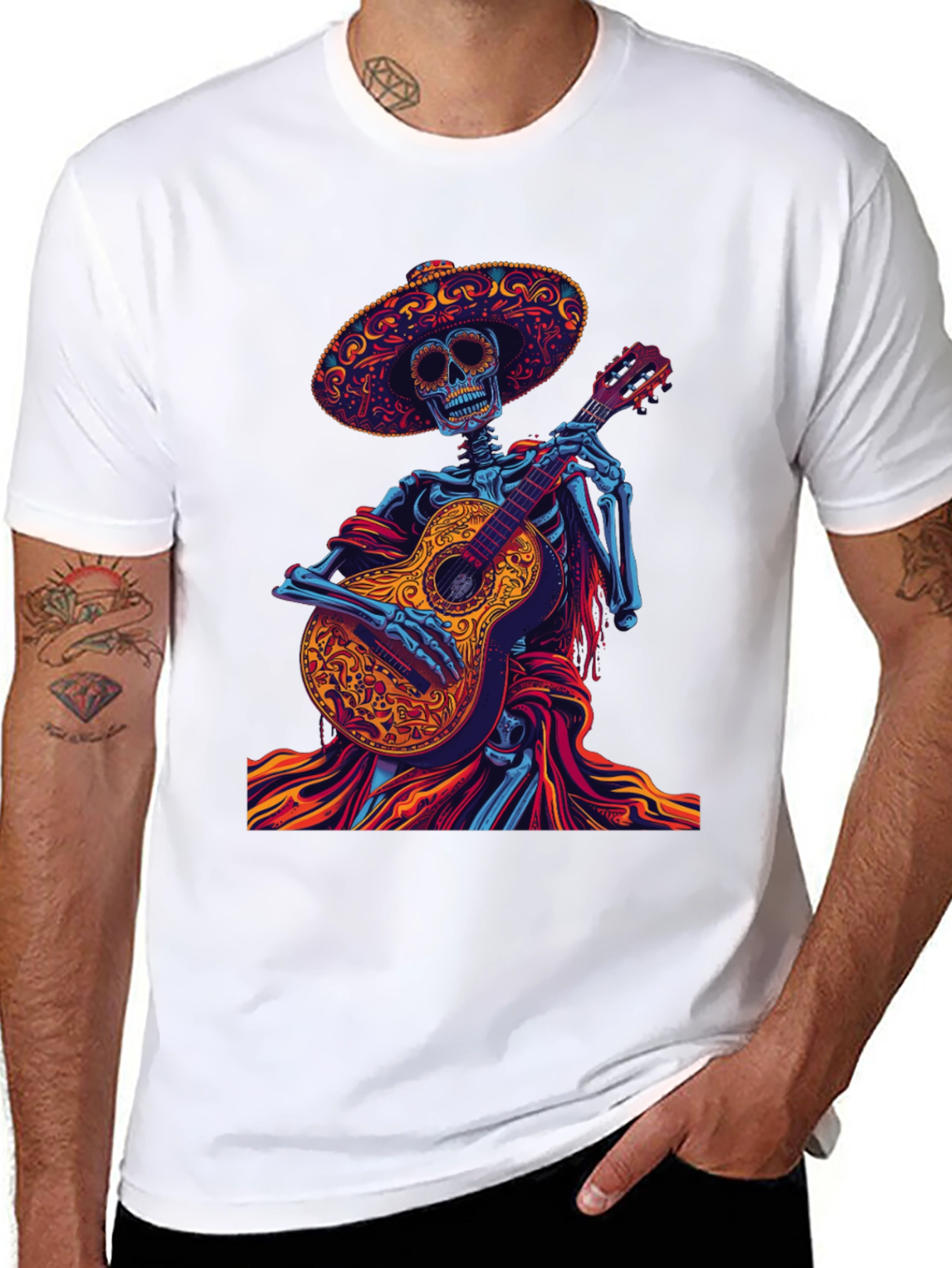 Day of the Dead Skeleton Guitarist Graphic Tee