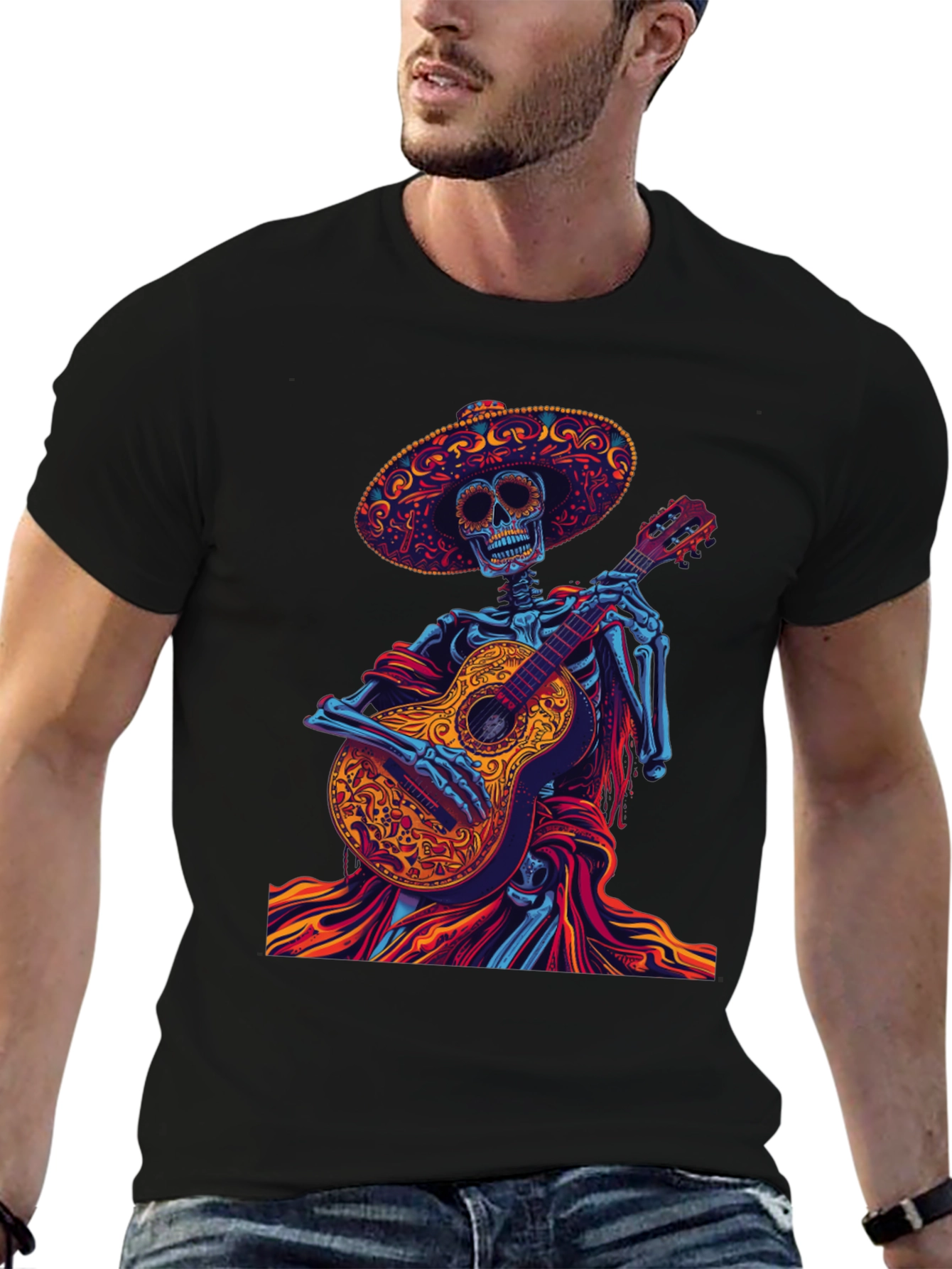 Day of the Dead Skeleton Guitarist Graphic Tee