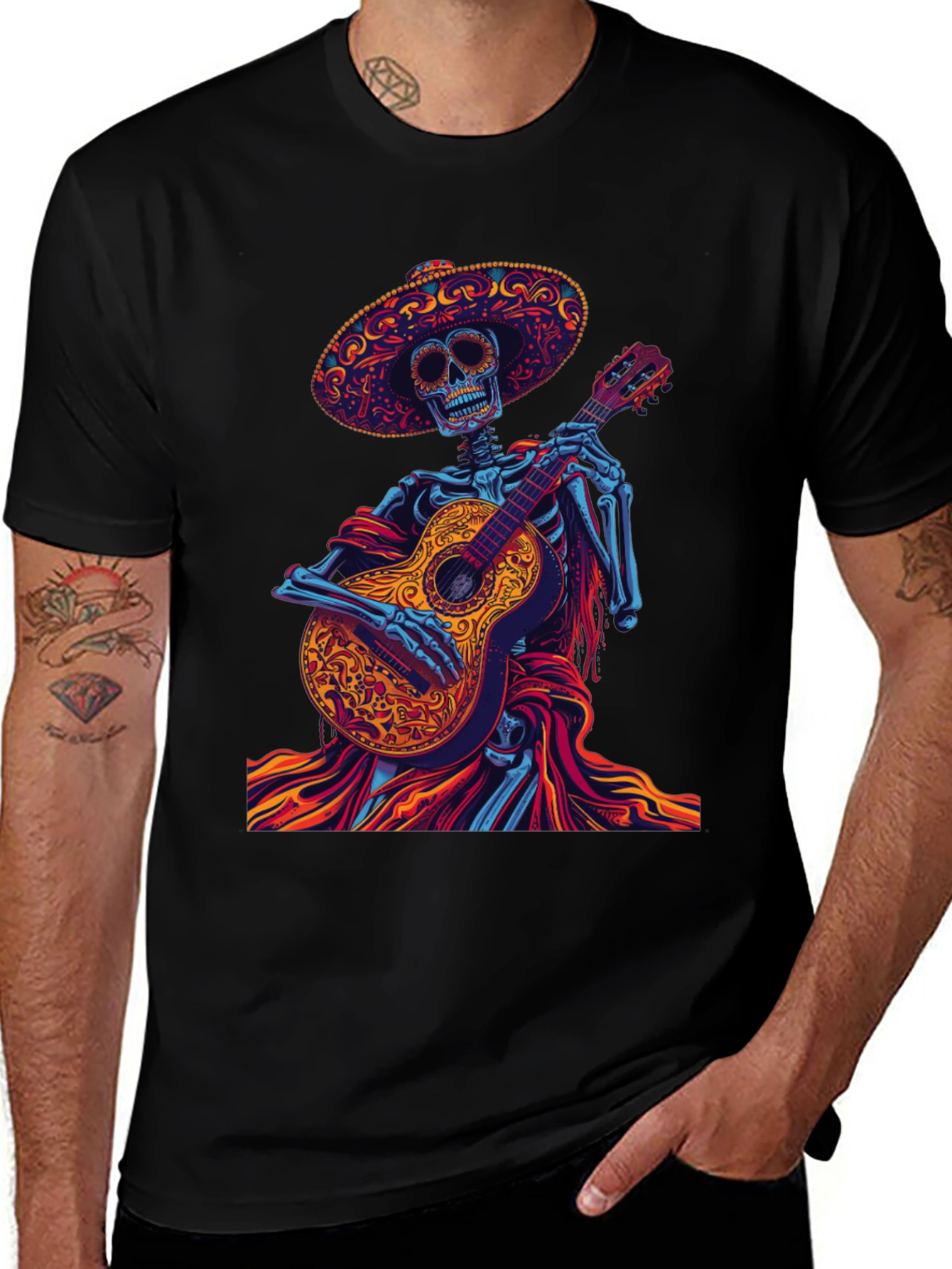 Day of the Dead Skeleton Guitarist Graphic Tee