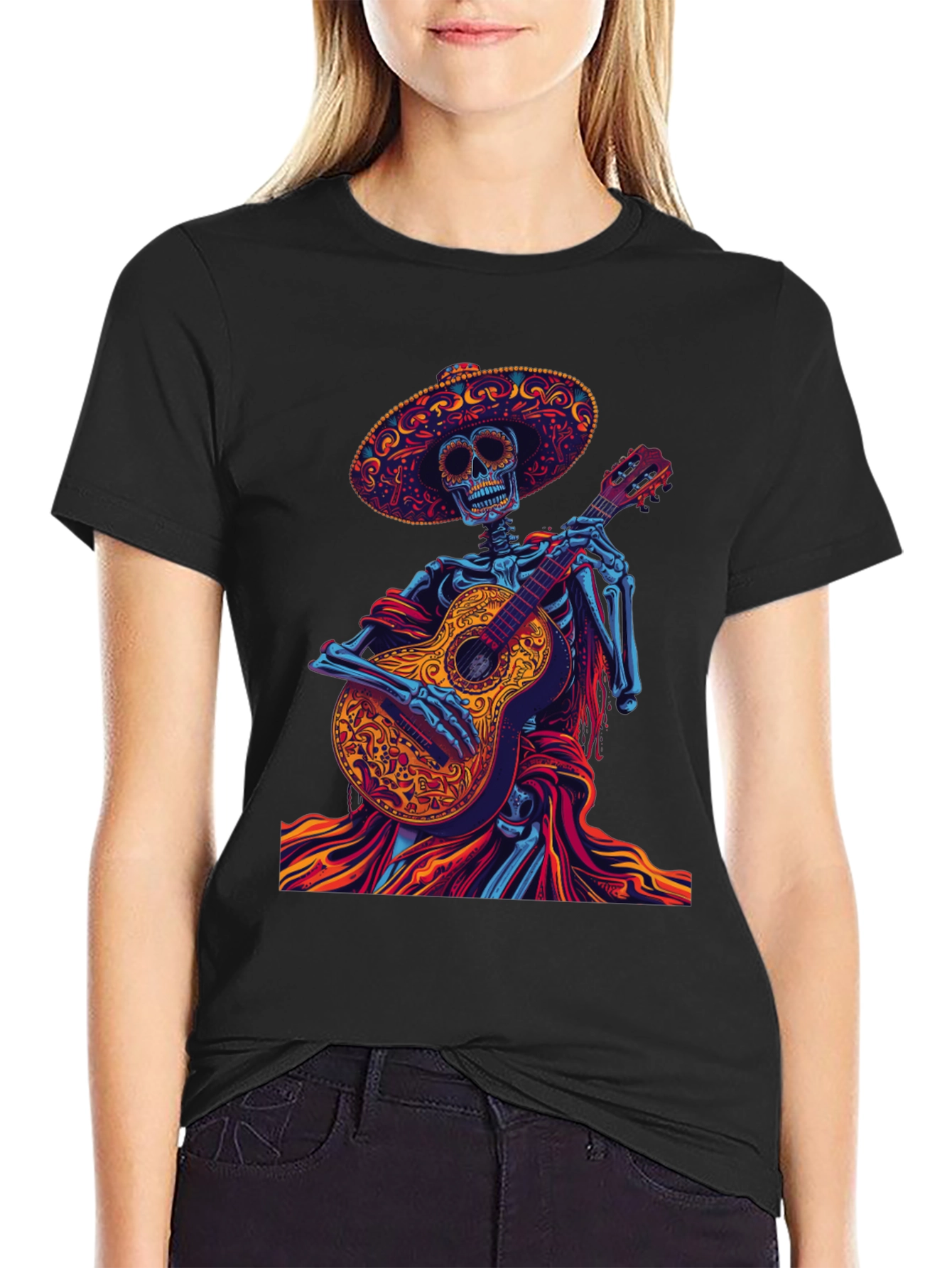 Day of the Dead Skeleton Guitarist Graphic Tee