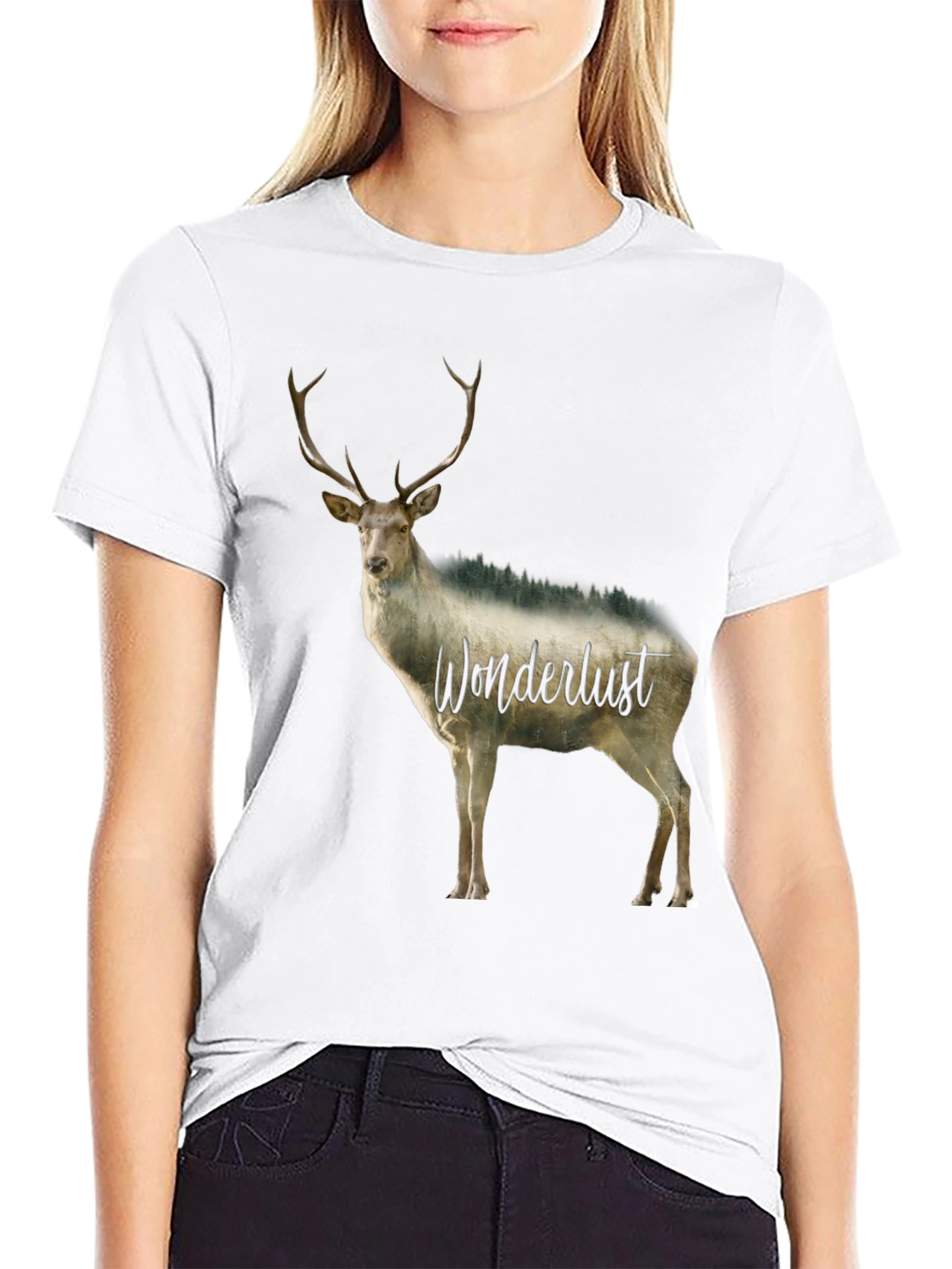 Wanderlust Deer Graphic Tee - Black Crew Neck
