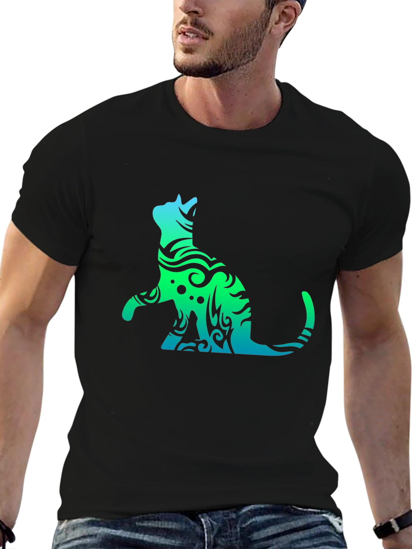 Tribal Cat Graphic Tee - Black Casual T-Shirt
