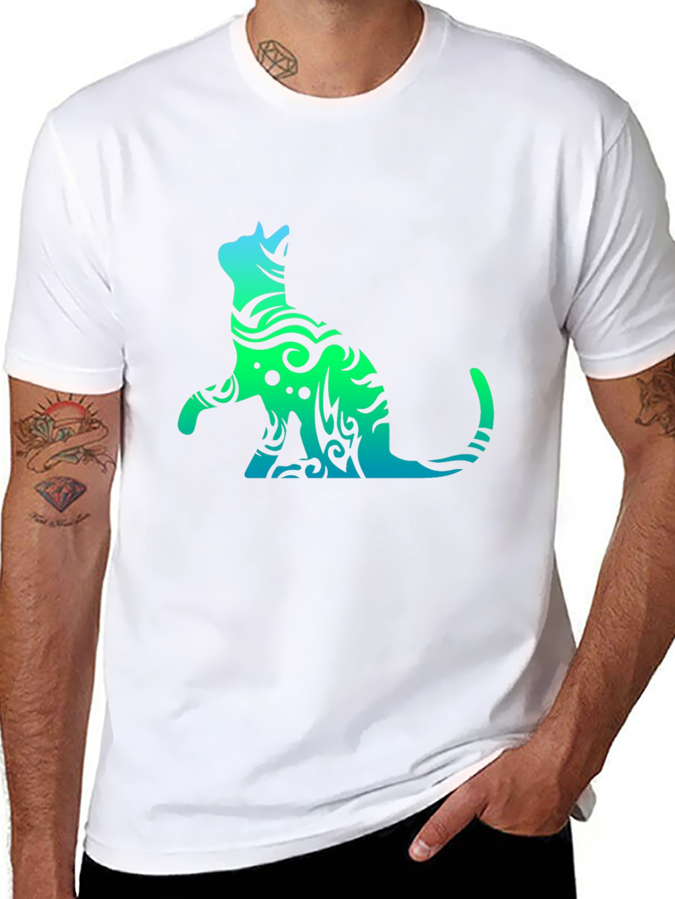 Tribal Cat Graphic Tee - Black Casual T-Shirt